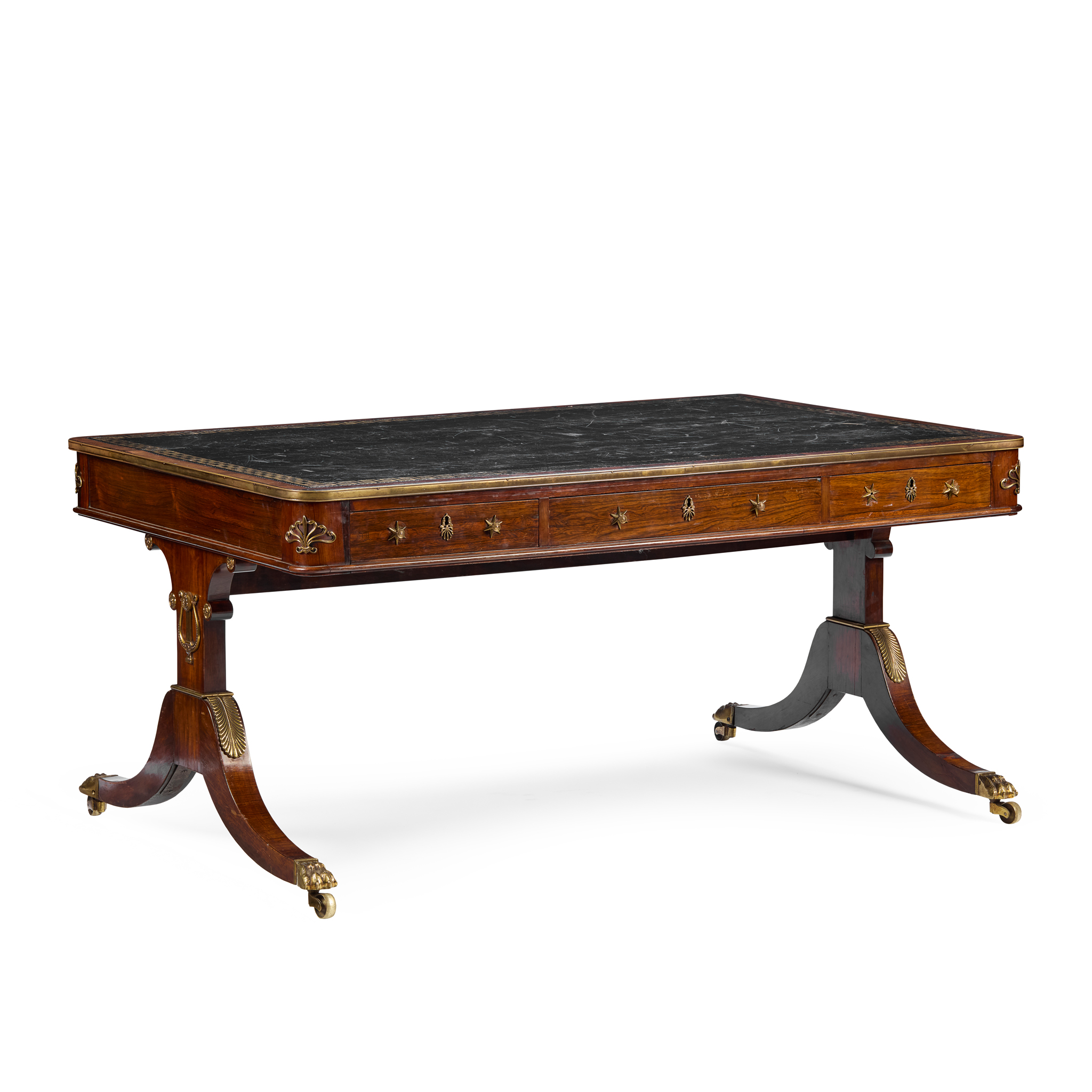 LARGE REGENCY STYLE ROSEWOOD BRASS MOUNTED LIBRARY TABLE, BY T. CLEAR, WOLVERHAMPTON
