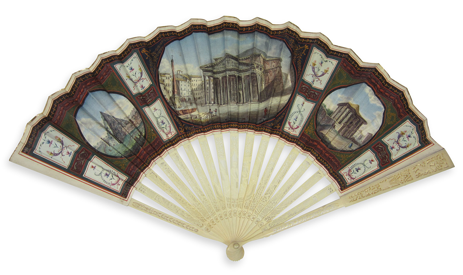 GRAND TOUR HAND COLOURED VELLUM AND IVORY MOUNTED FAN