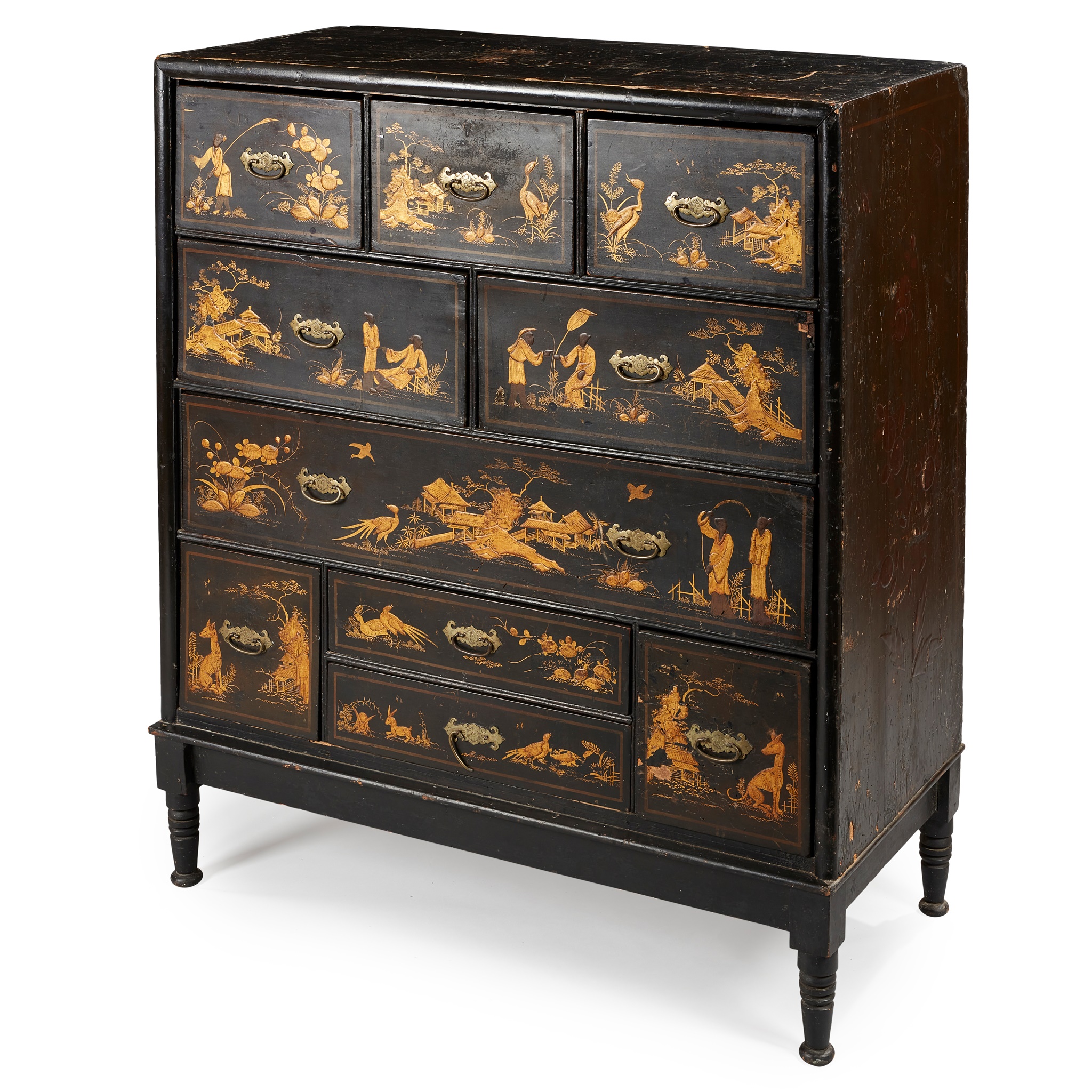 A GEORGIAN BLACK JAPANNED CHEST OF DRAWERS