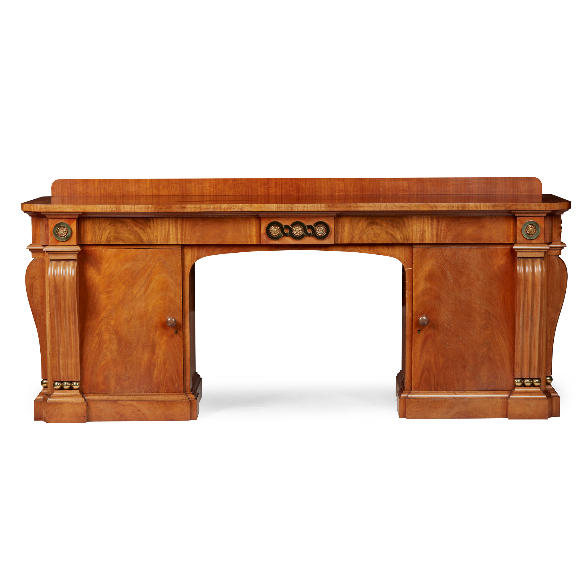 REGENCY REVIVAL BLONDE MAHOGANY AND BRASS SIDEBOARD, FROM A DESIGN BY RAYMOND ERITH, RA FRIBA