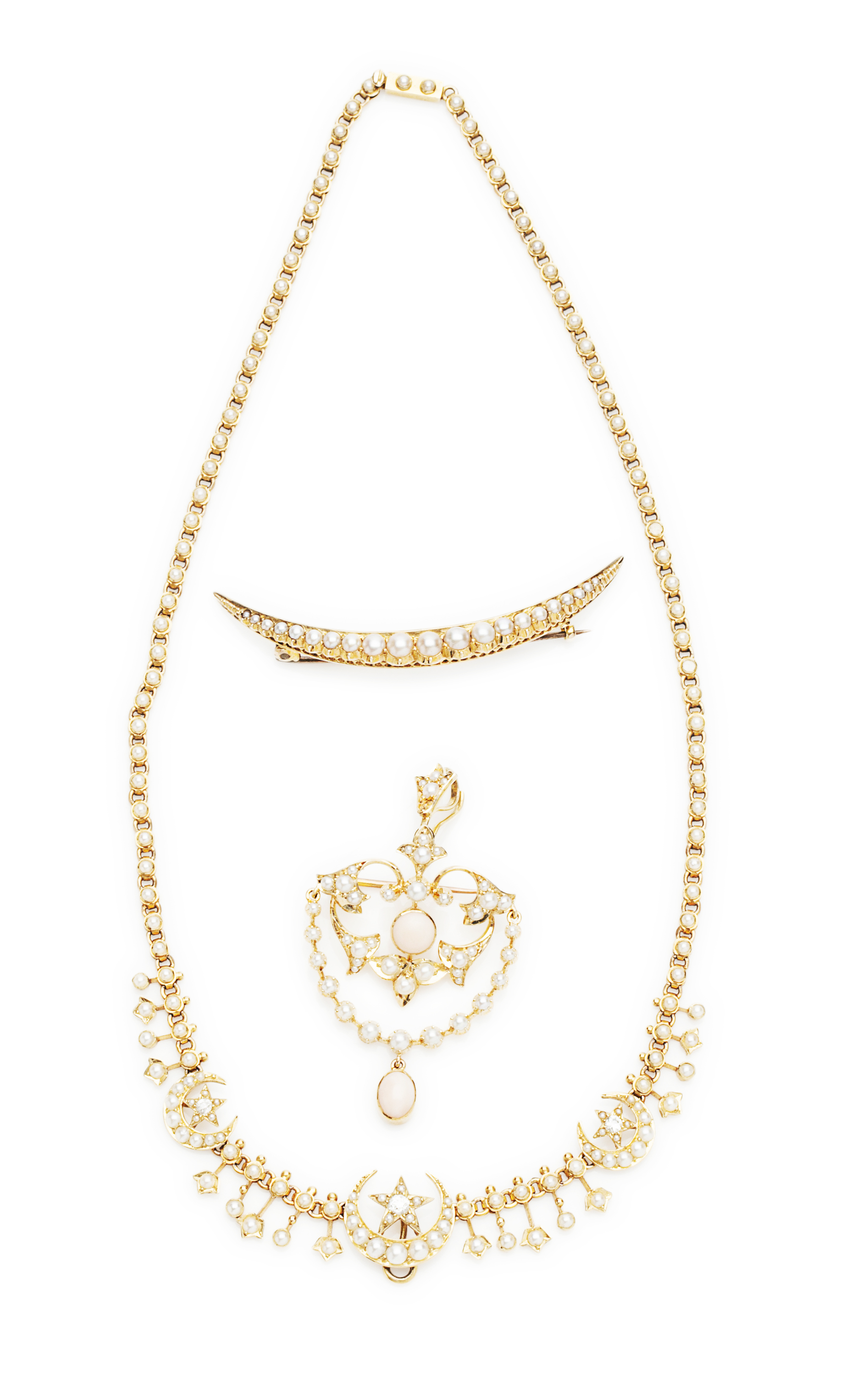 A late Victorian pearl and diamond set necklace with pendant