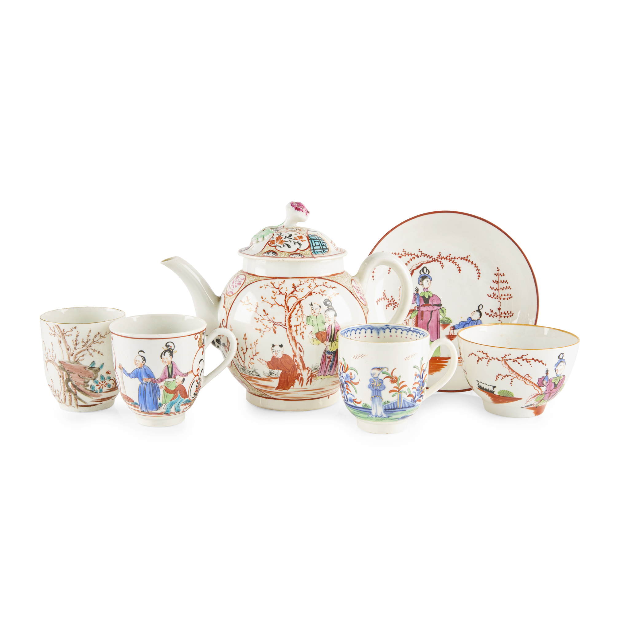 GROUP OF ENGLISH PORCELAIN CHINOISERIE DECORATED TEAWARES