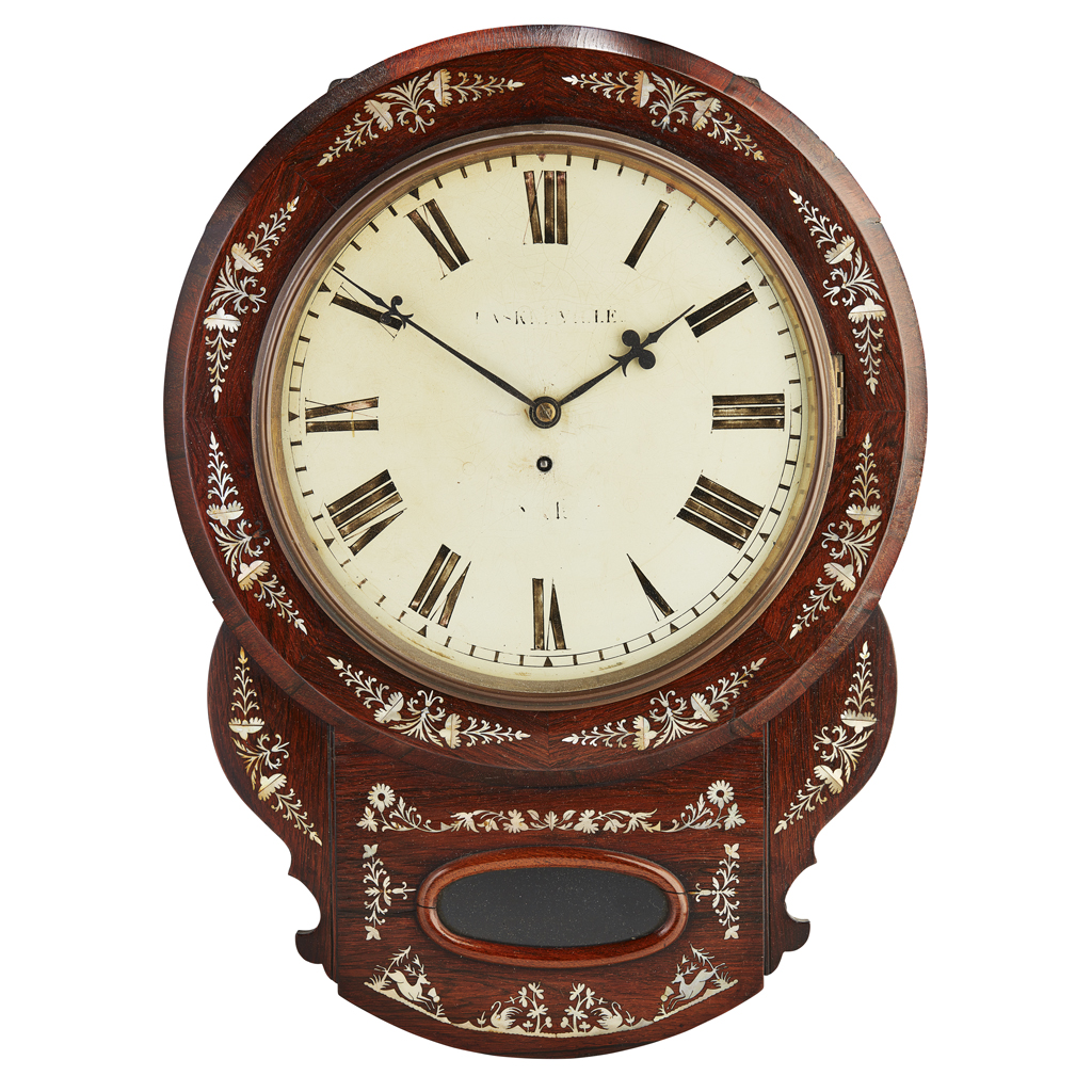 LARGE EARLY VICTORIAN ROSEWOOD AND MOTHER-OF-PEARL INLAID WALL CLOCK