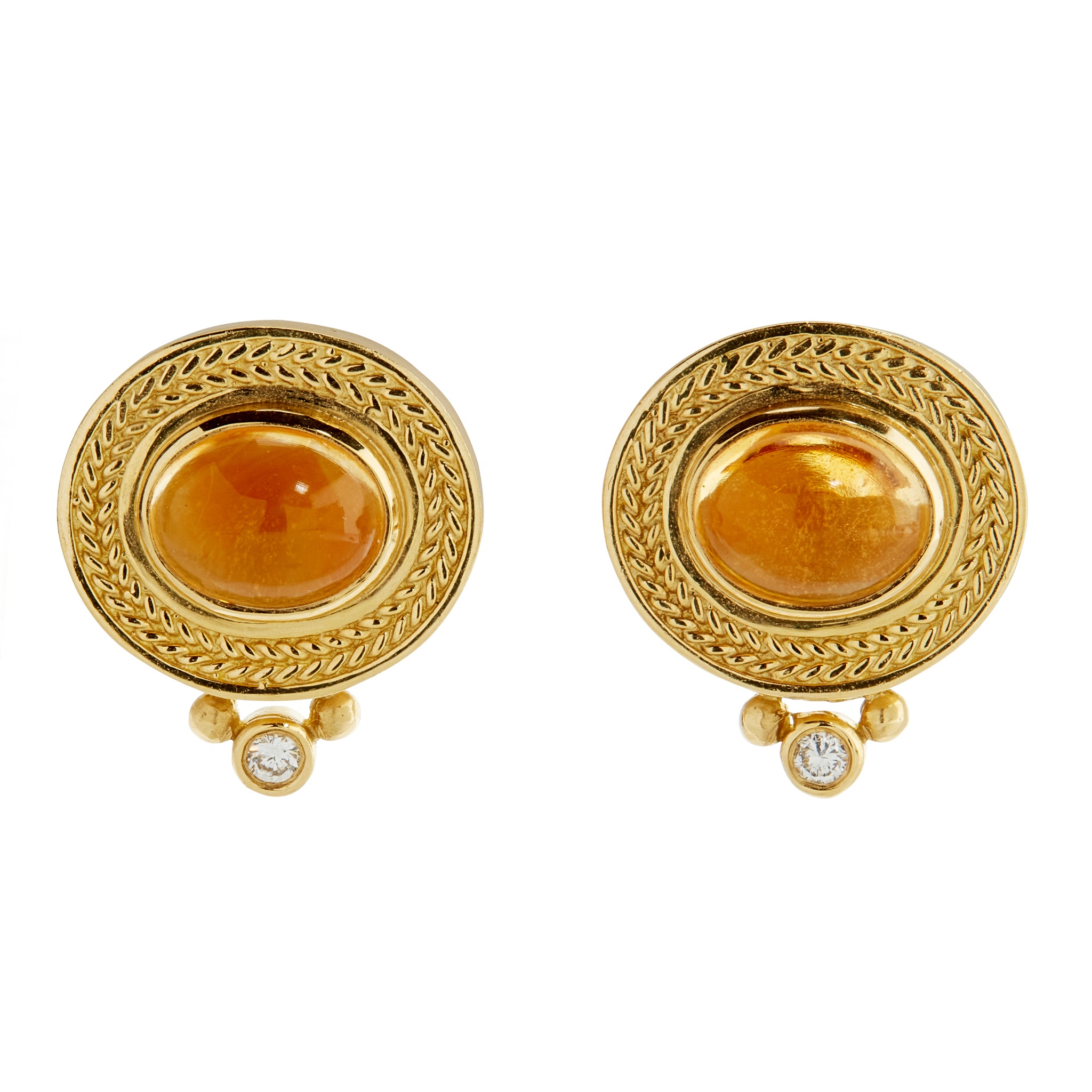 A pair of citrine and diamond earrings