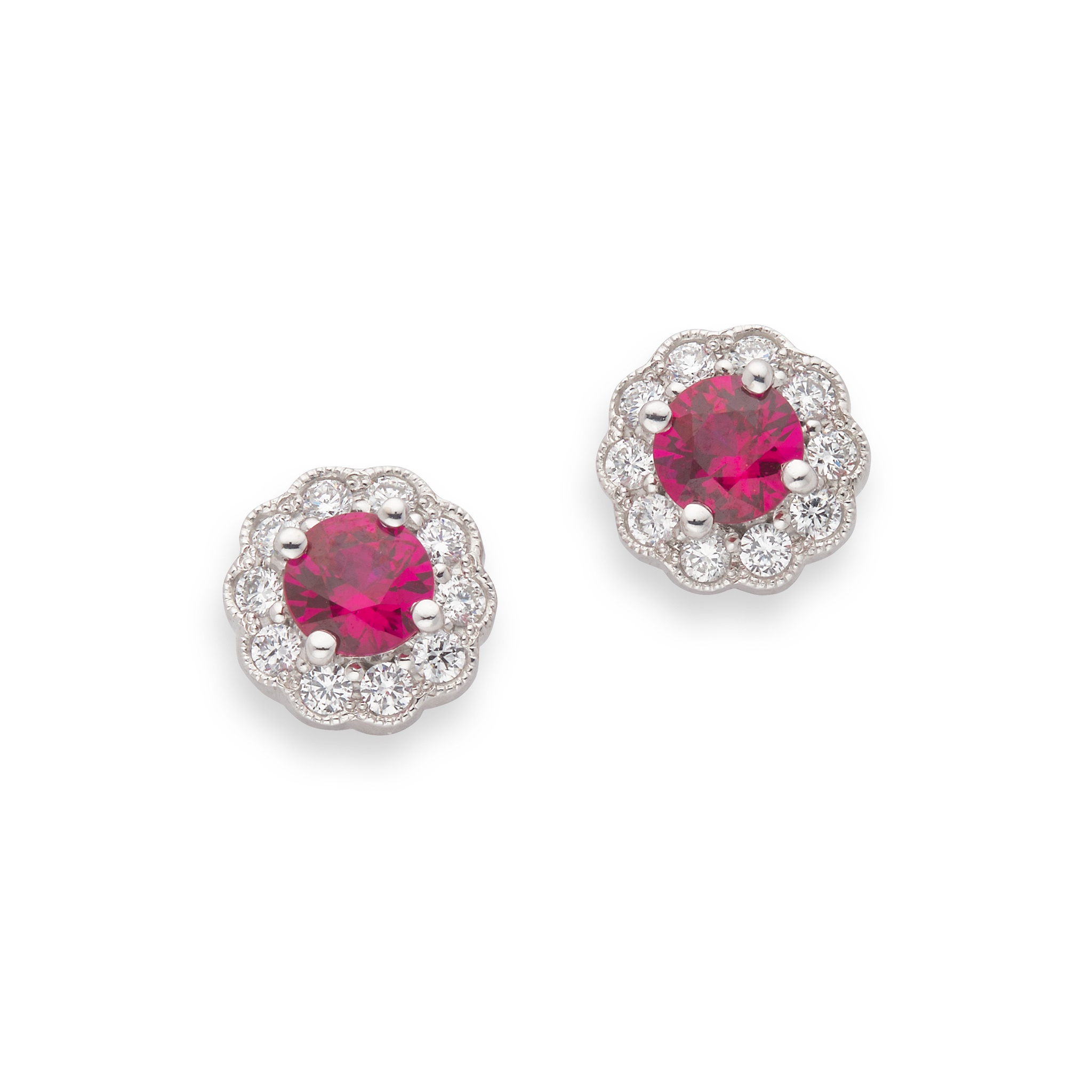 A pair of 18ct white gold ruby and diamond cluster earrings