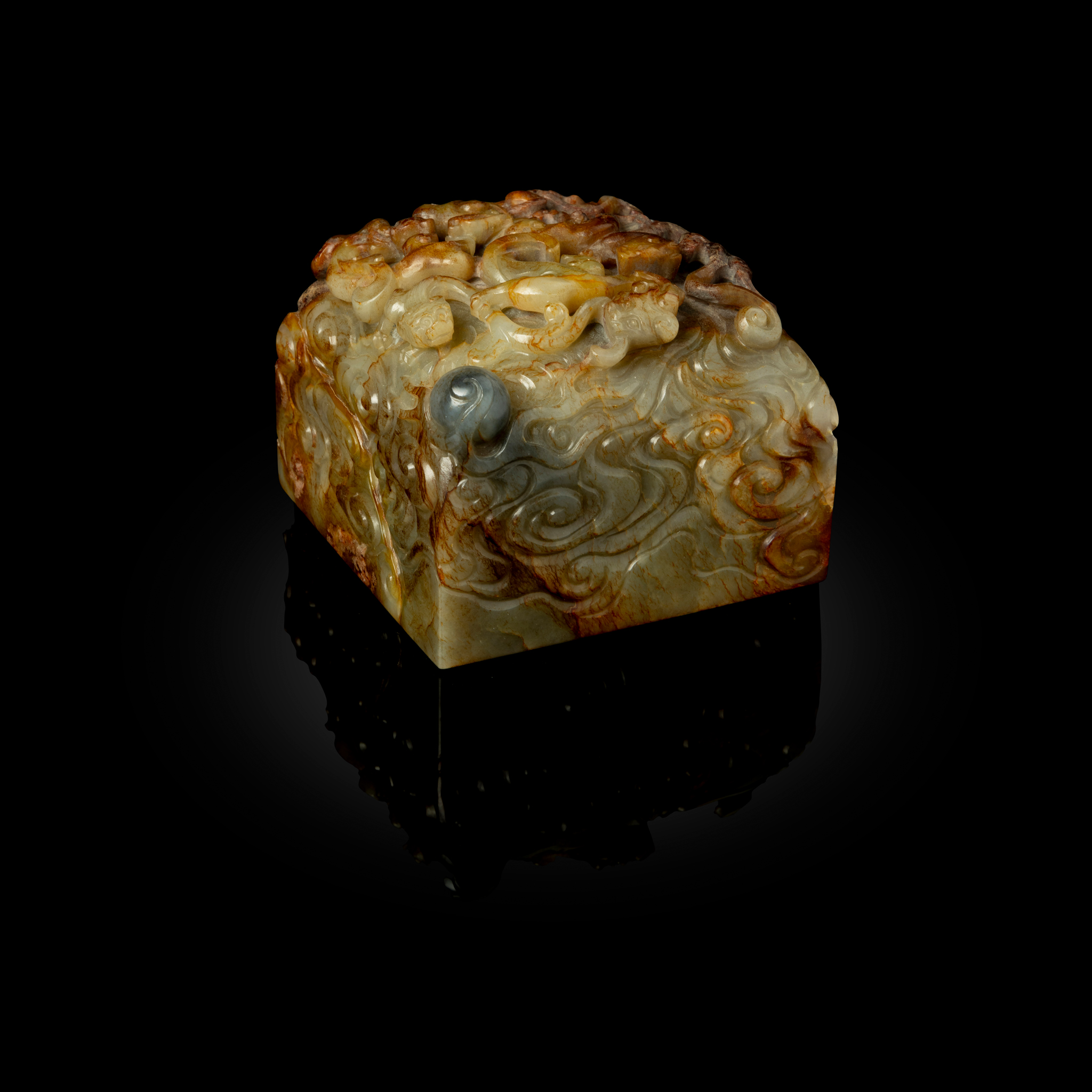 LARGE CHINESE CELADON JADE WITH RUSSET INCLUSIONS 'DRAGON' SQUARE SEAL