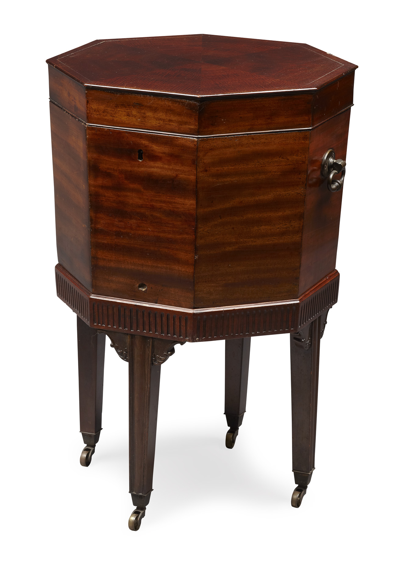 GEORGE III FIGURED MAHOGANY WINE COOLER ON STAND