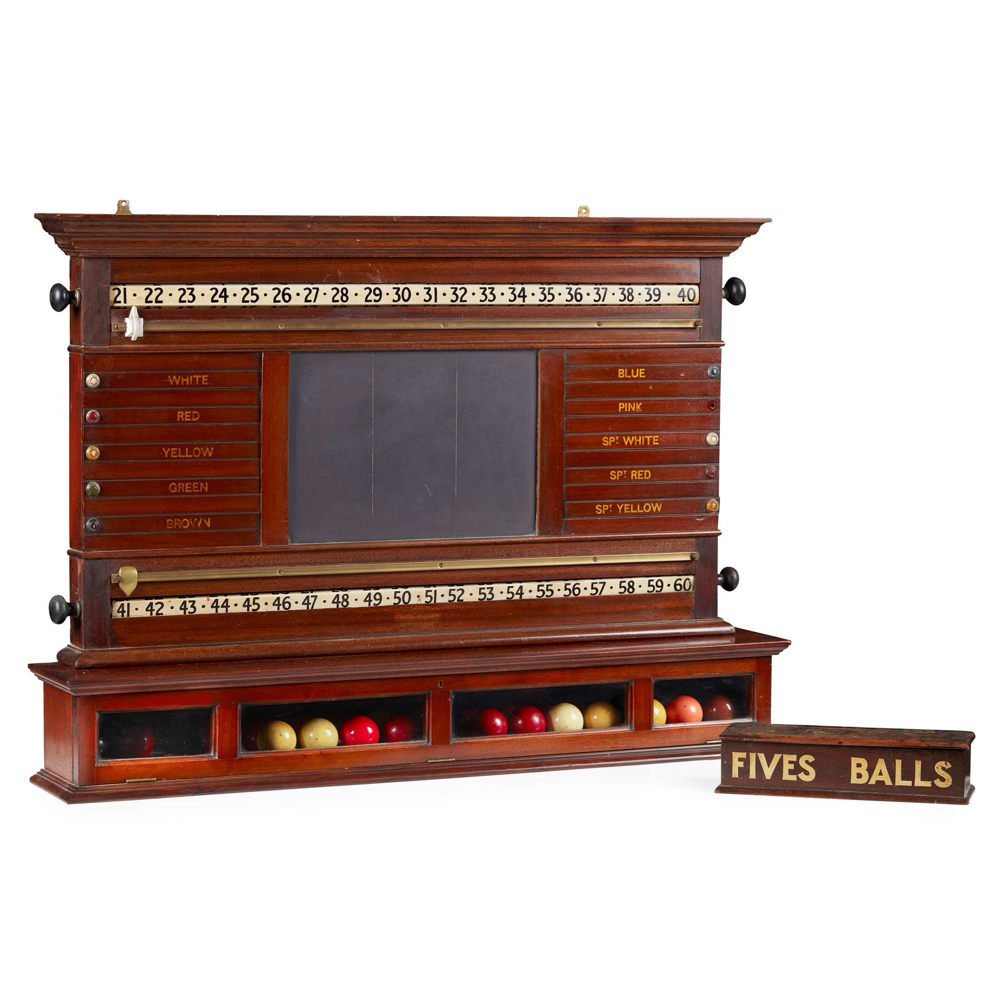 SNOOKER SCORE BOARD, BALL RACKS, AND SNOOKER BALLS