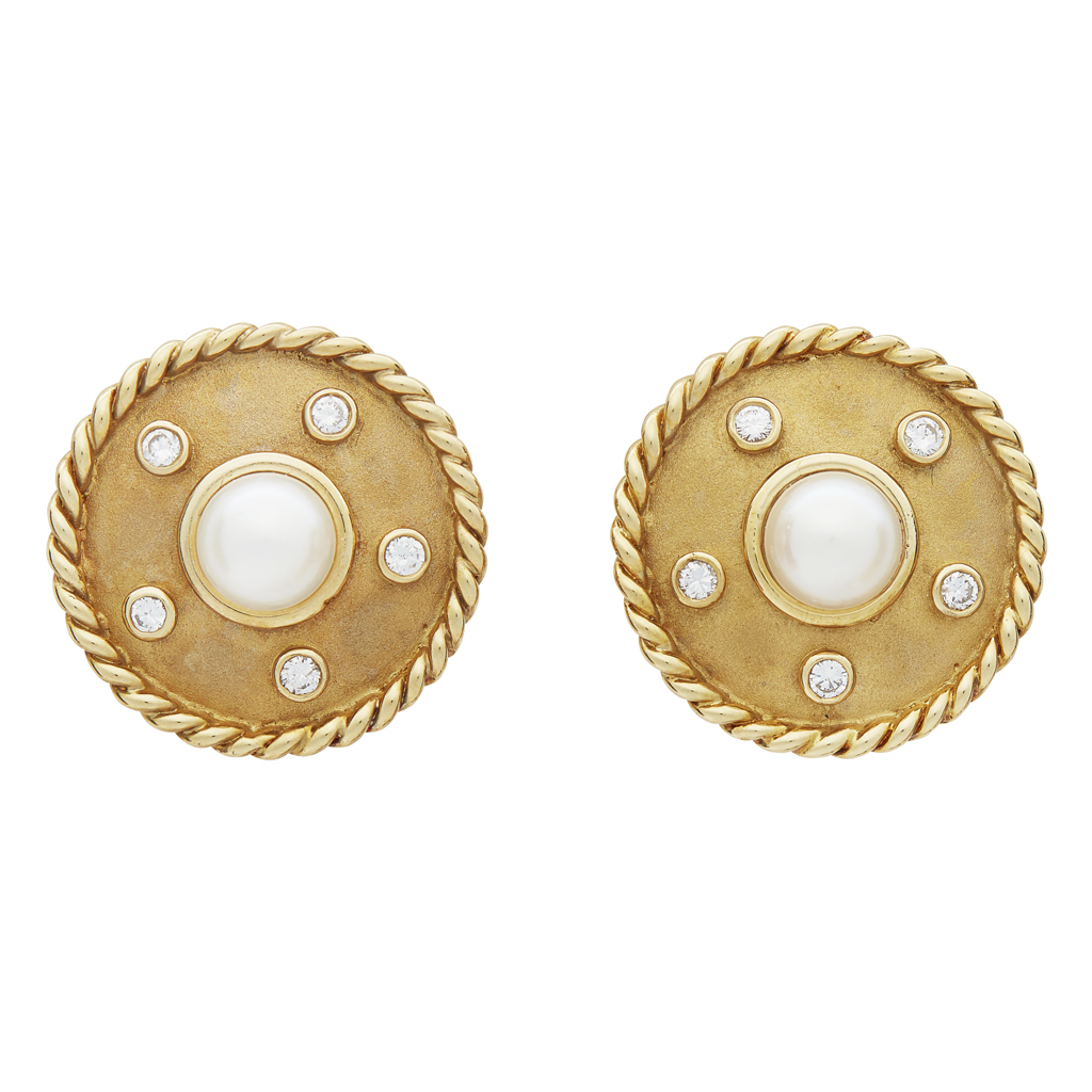 A pair of 18ct gold pearl and diamond set earrings