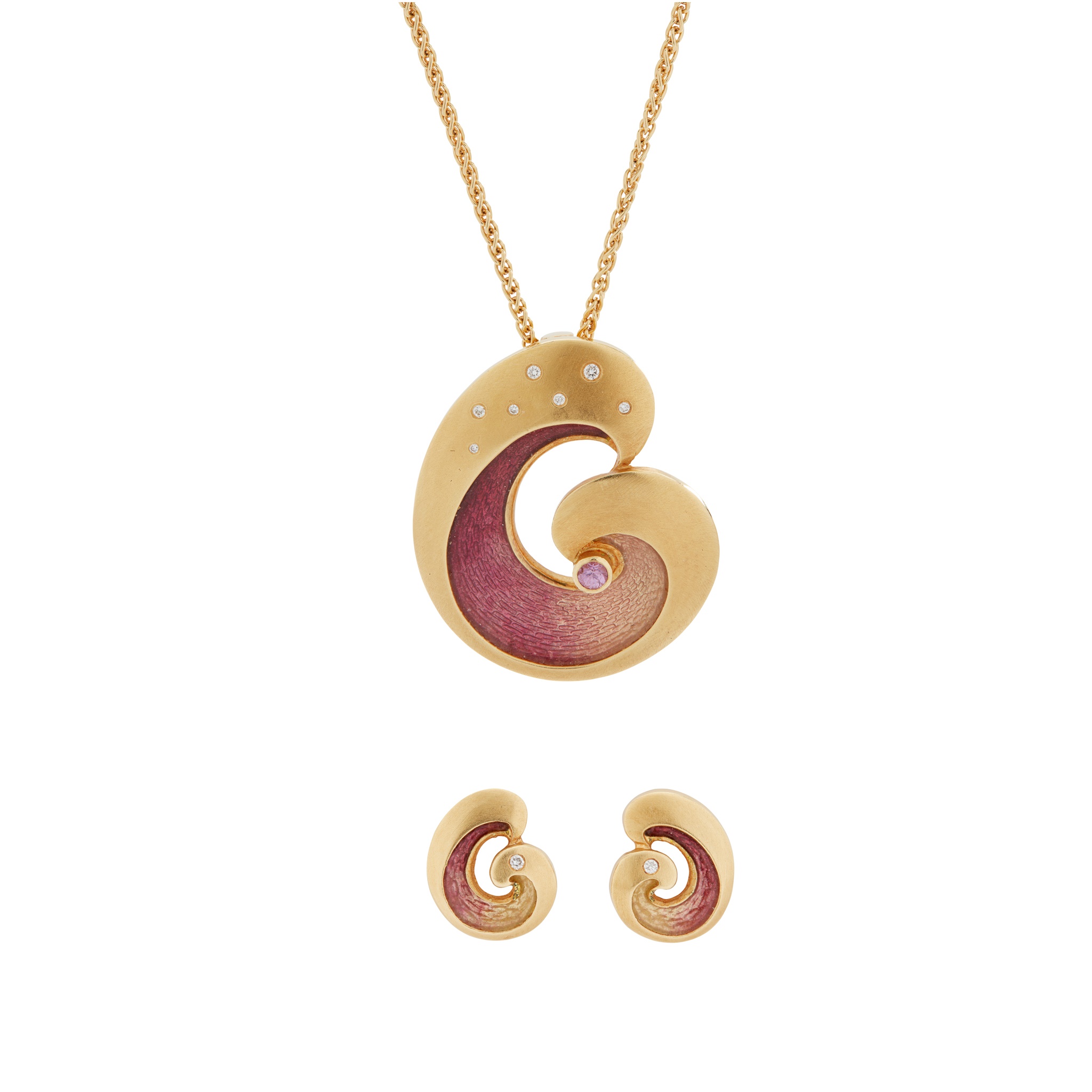 An enamel, diamond and pink sapphire 'Wave' pendant, by Sheila Fleet