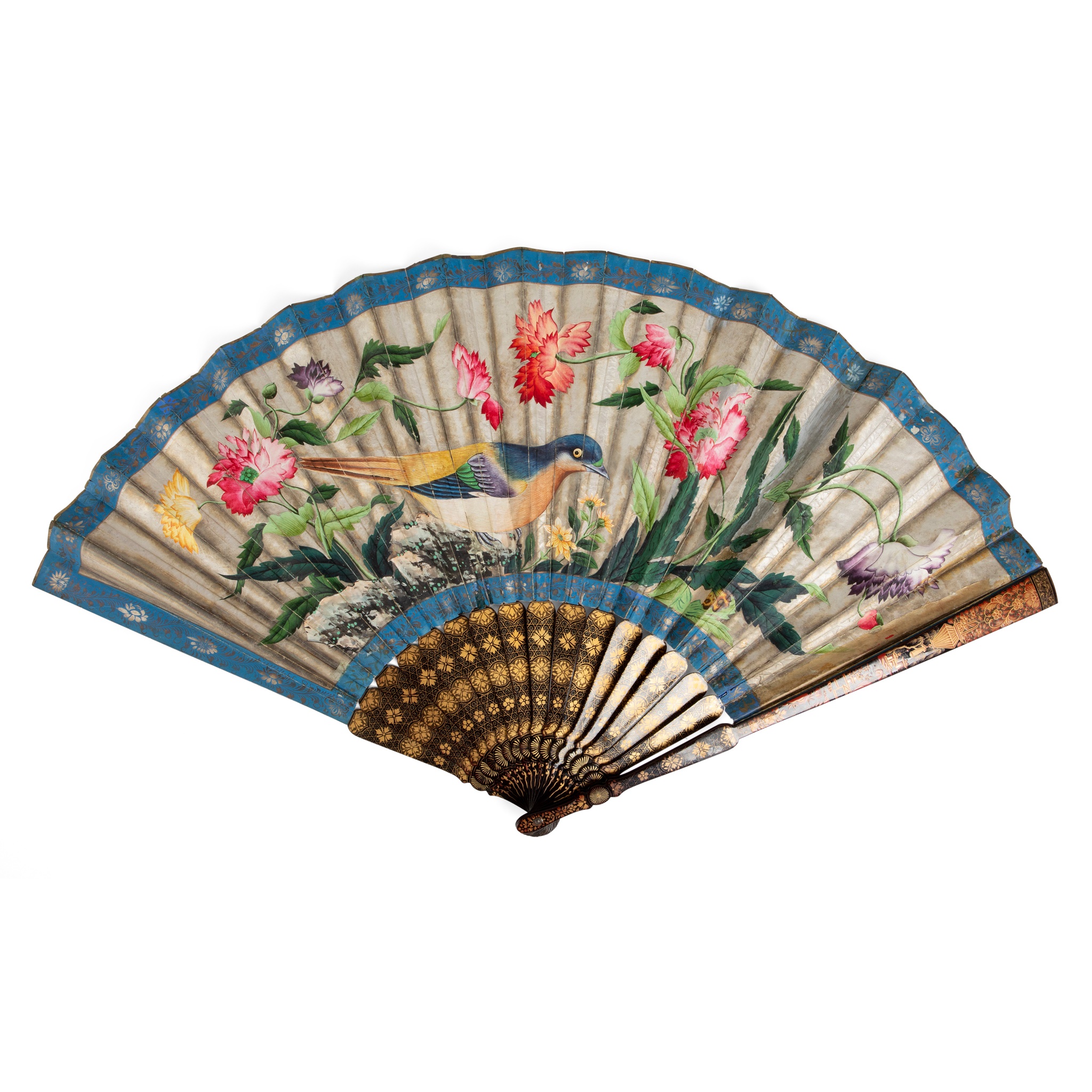 LARGE LACQUERED AND PAPER 'BIRD WITH FLOWER' FAN