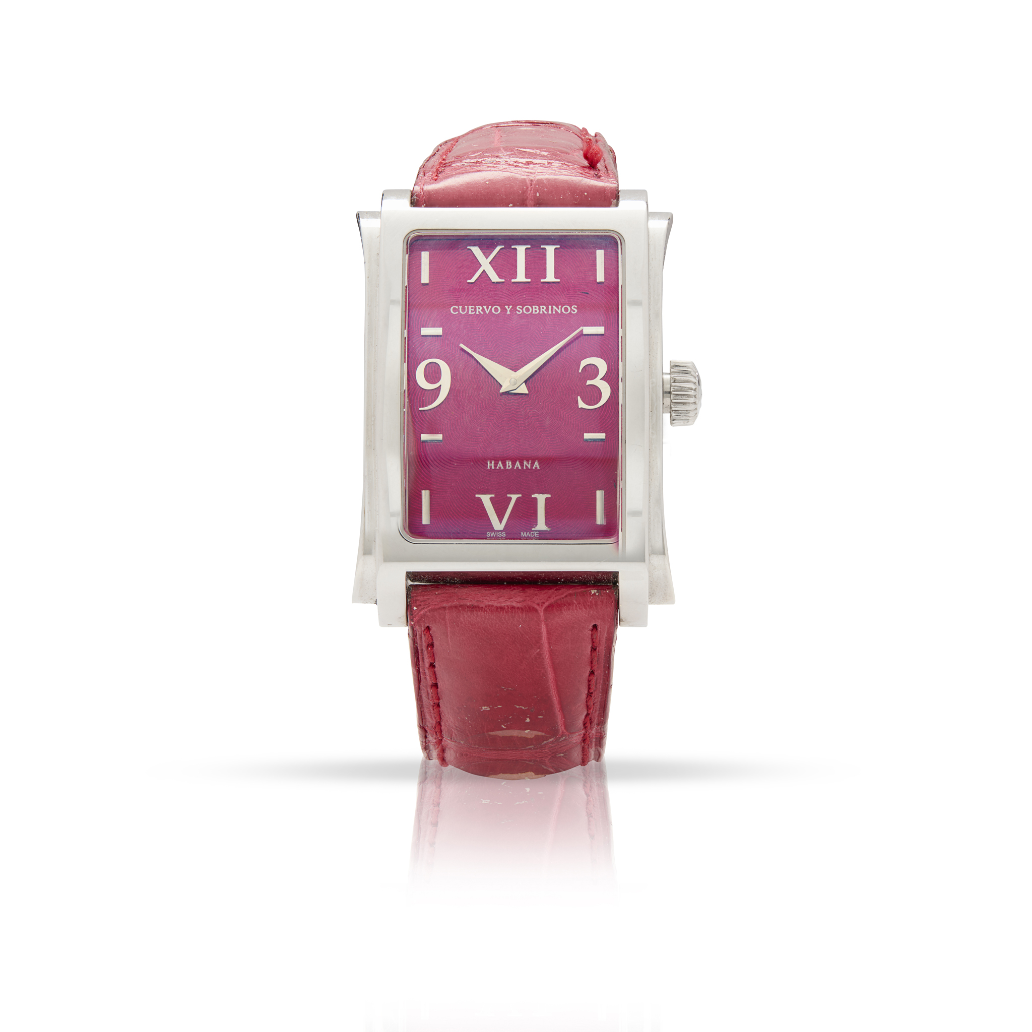 Cuervo Y Sobrinos, Havana. A stainless steel rectangular quartz wristwatch with red enamel dial