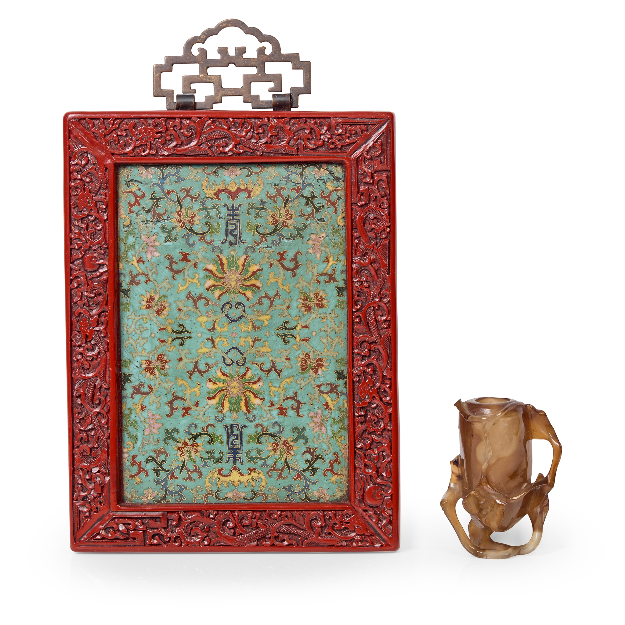 CHINESE CLOISONNÉ ENAMEL PANEL AND A CARVED AGATE VASE