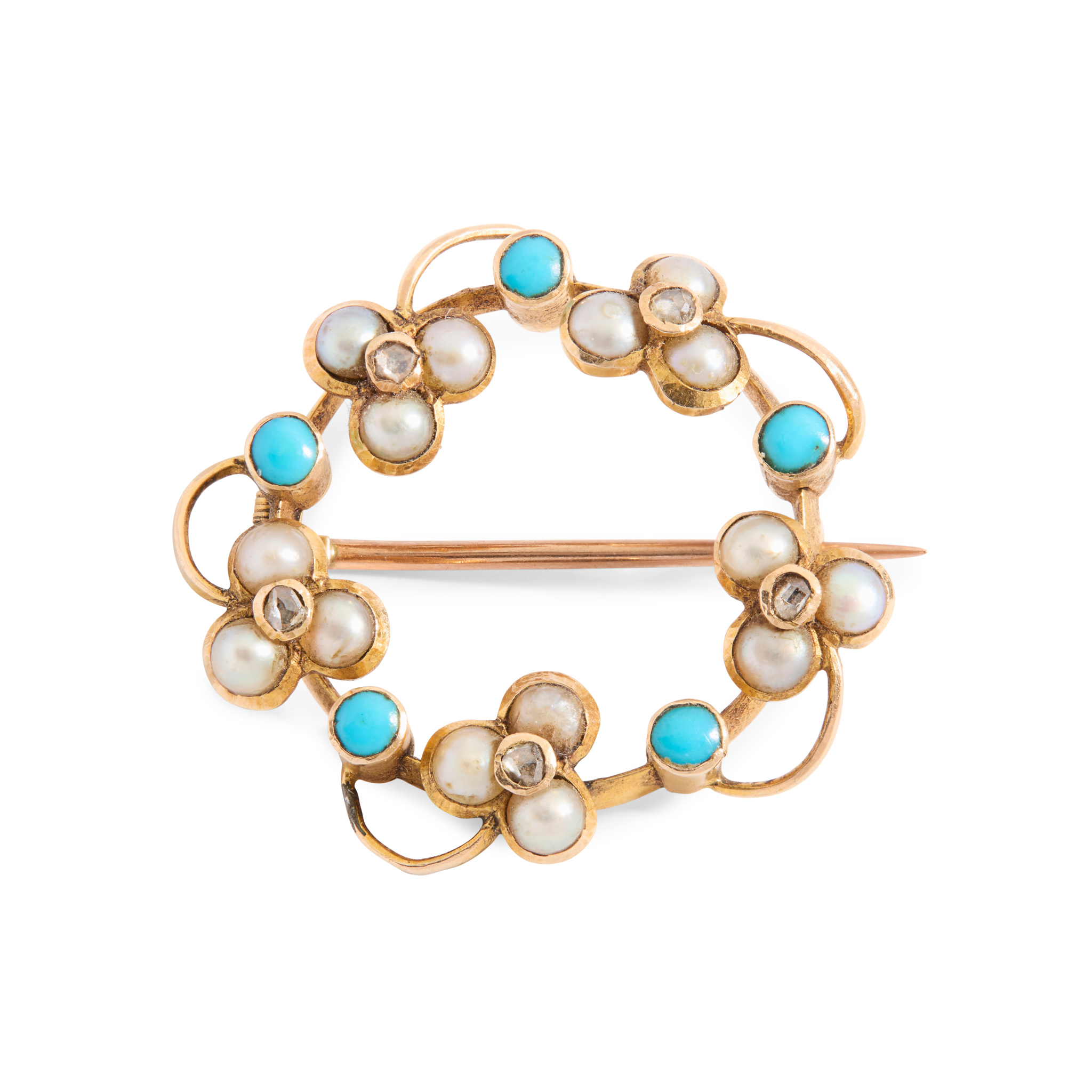 An early 20th century turquoise, seed pearl and diamond brooch