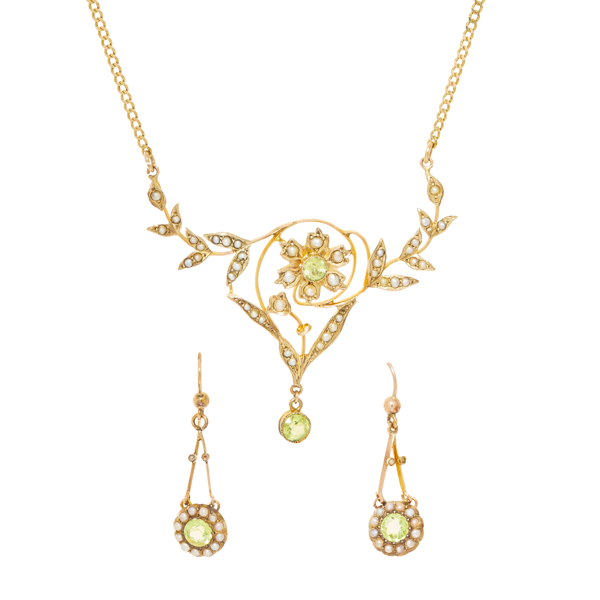 An early 20th century seed pearl and peridot necklace and earrings