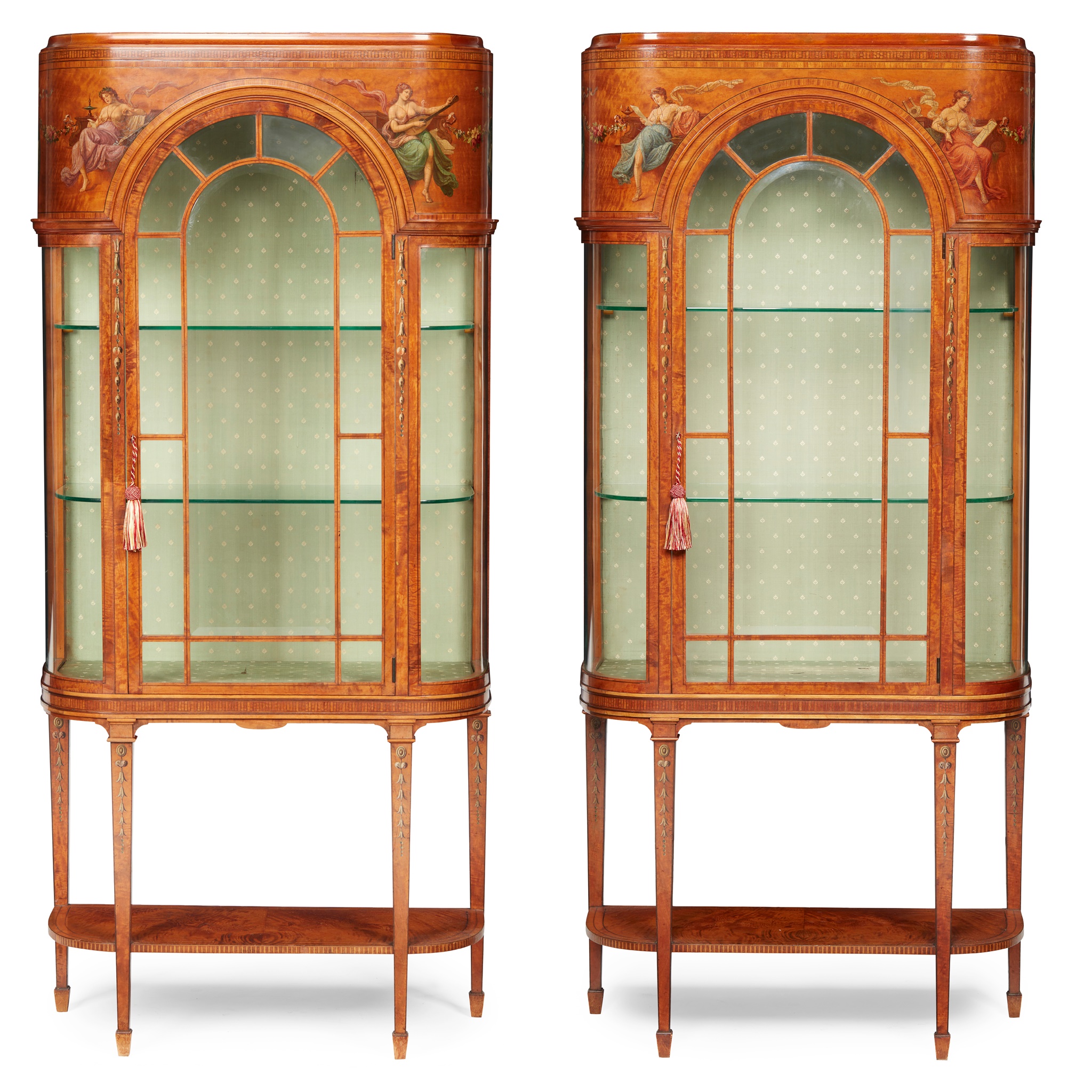 PAIR OF SHERATON REVIVAL PAINTED SATINWOOD DISPLAY CABINETS
