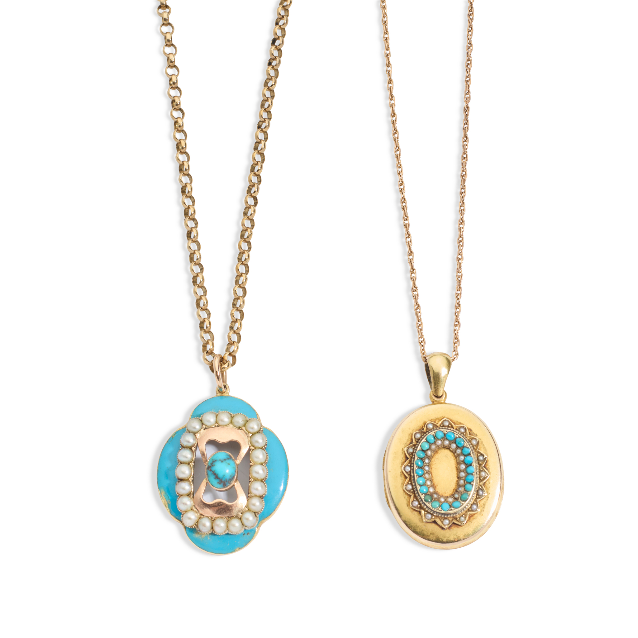 Two turquoise and pearl pendant necklaces