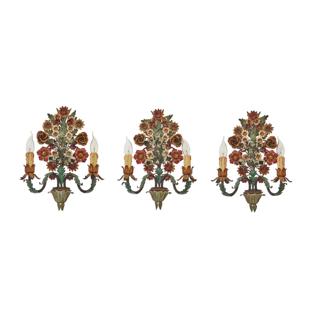 SET OF THREE PAINTED TOLE FLORAL WALL LIGHTS