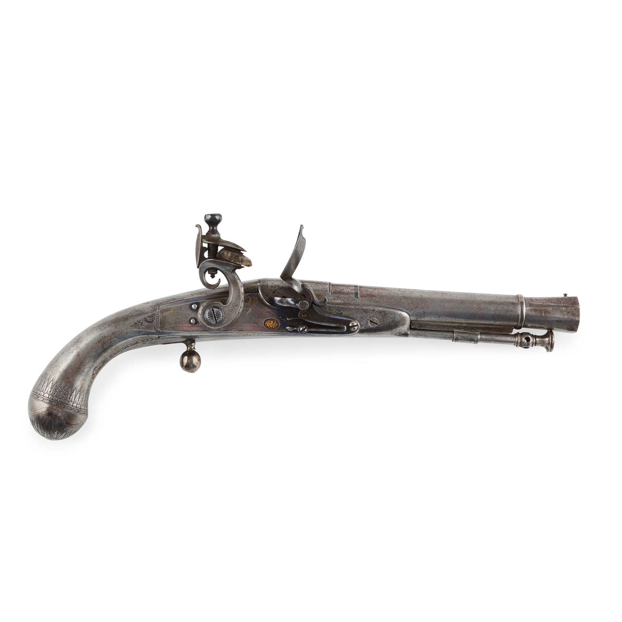 A LATE 18TH CENTURY FLINTLOCK LOBE BUTT ALL STEEL BELT PISTOL