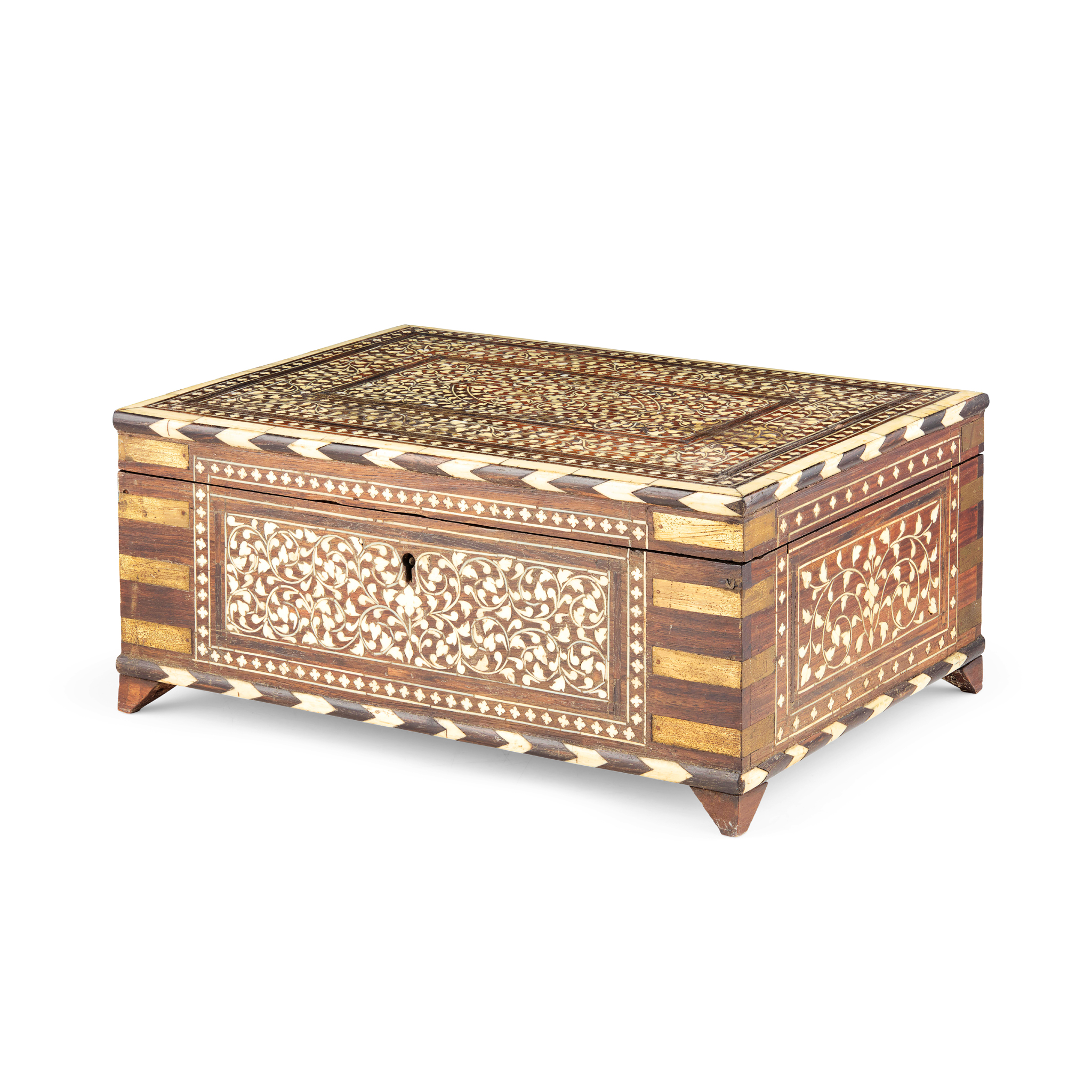 ANGLO-INDIAN TEAK, BRASS, AND IVORY BOX