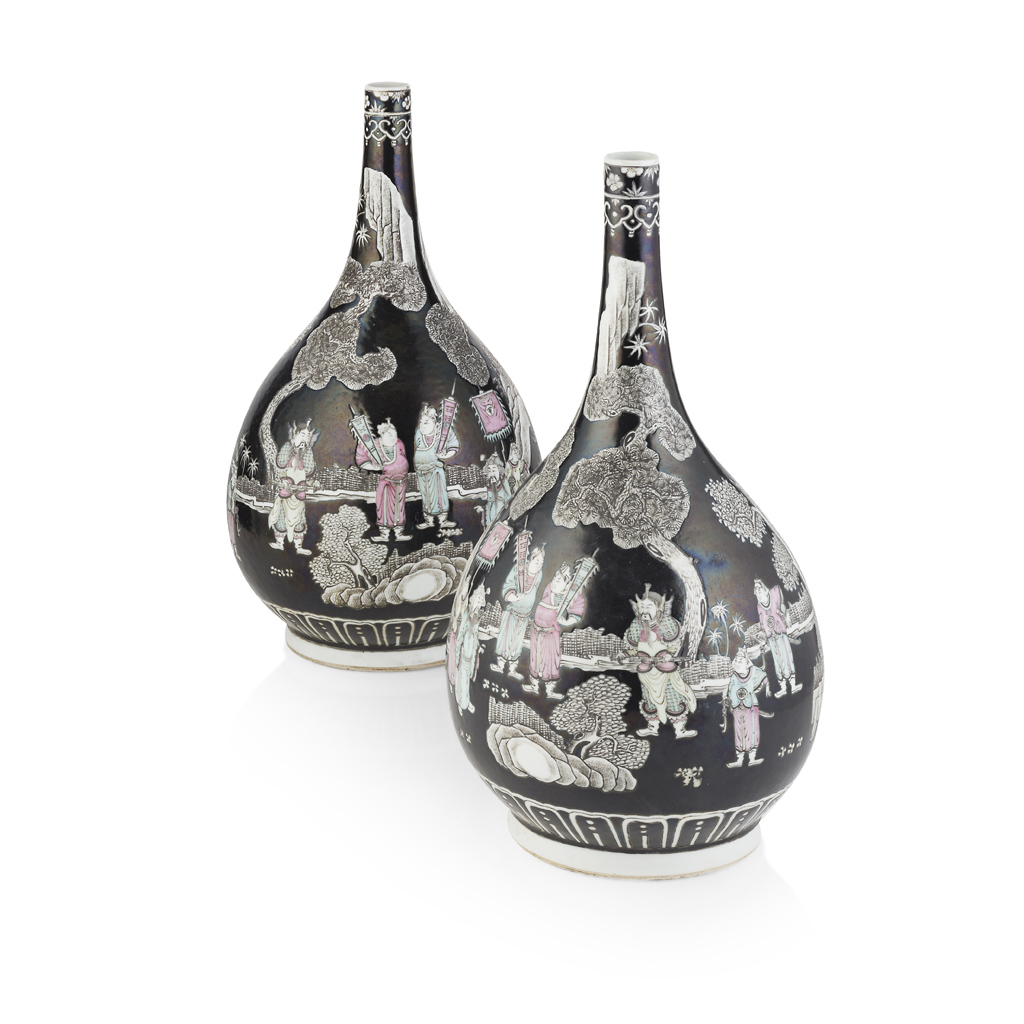 PAIR OF FAMILLE NOIRE BOTTLE VASES