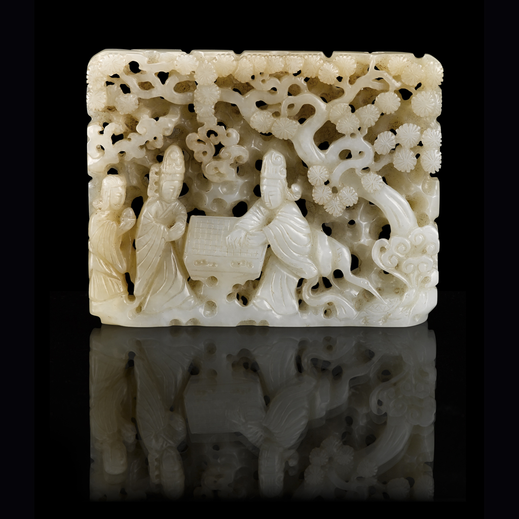 RETICULATED WHITE JADE FIGURAL PLAQUE