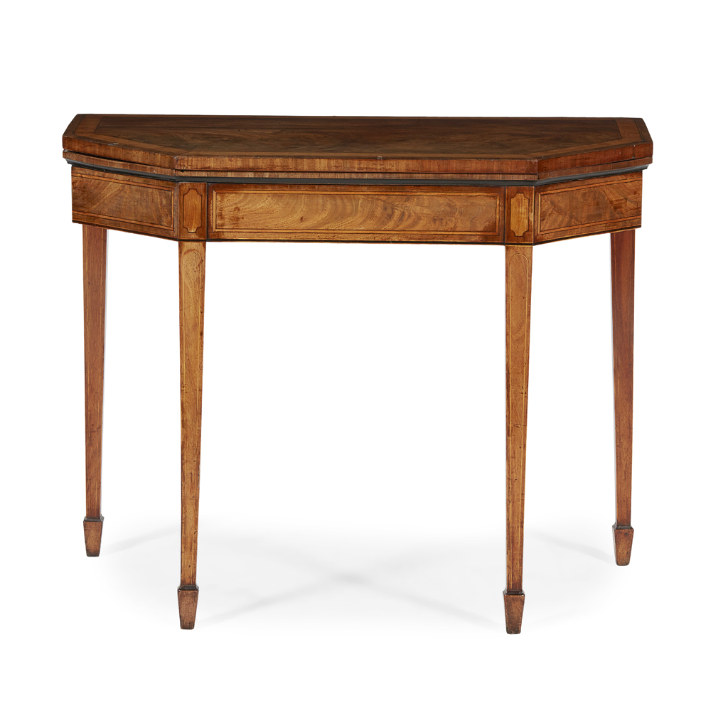 LATE GEORGE III SATINWOOD, WALNUT AND ROSEWOOD CARD TABLE