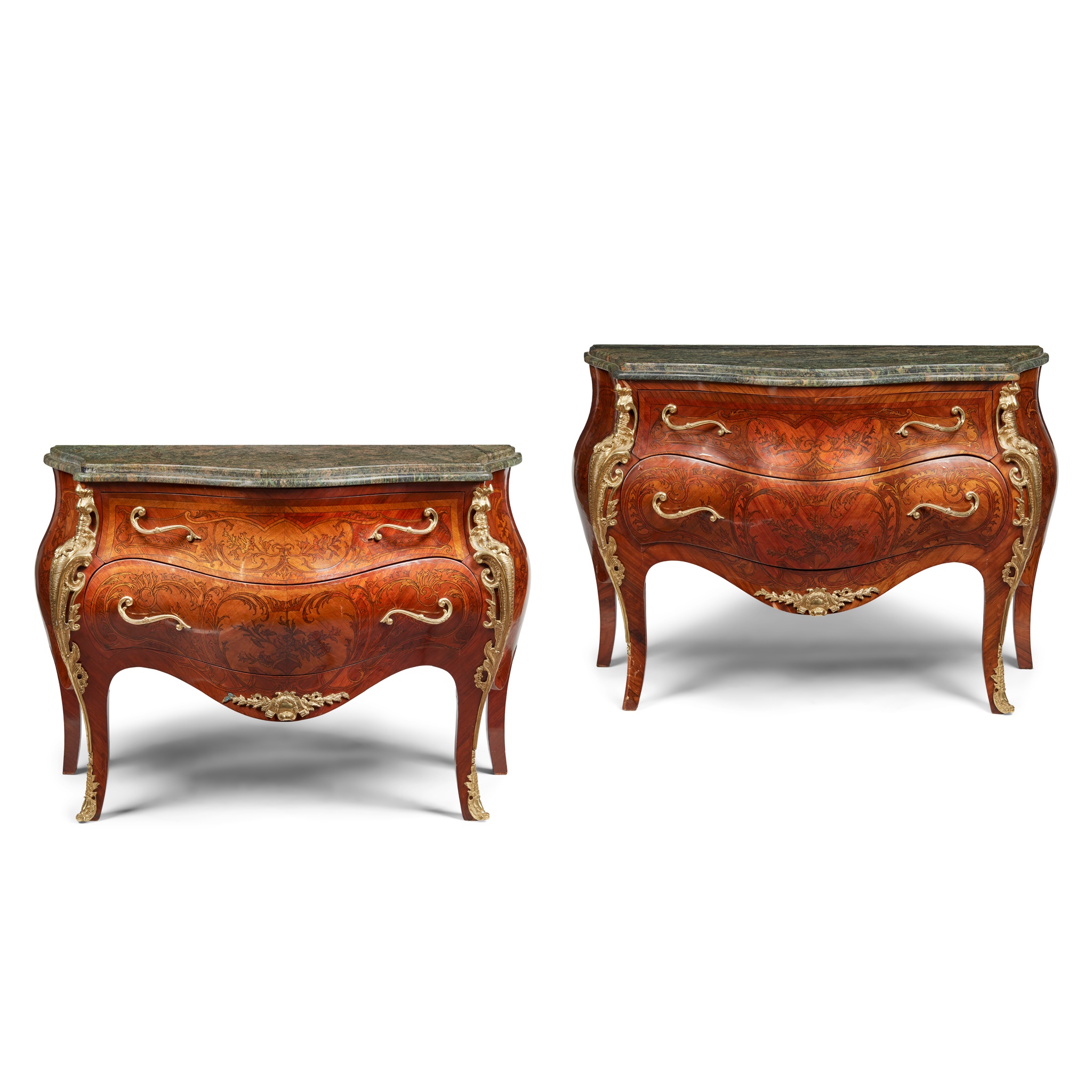 PAIR OF LOUIS XVI STYLE KINGWOOD AND MARQUETRY MARBLE TOPPED COMMODES