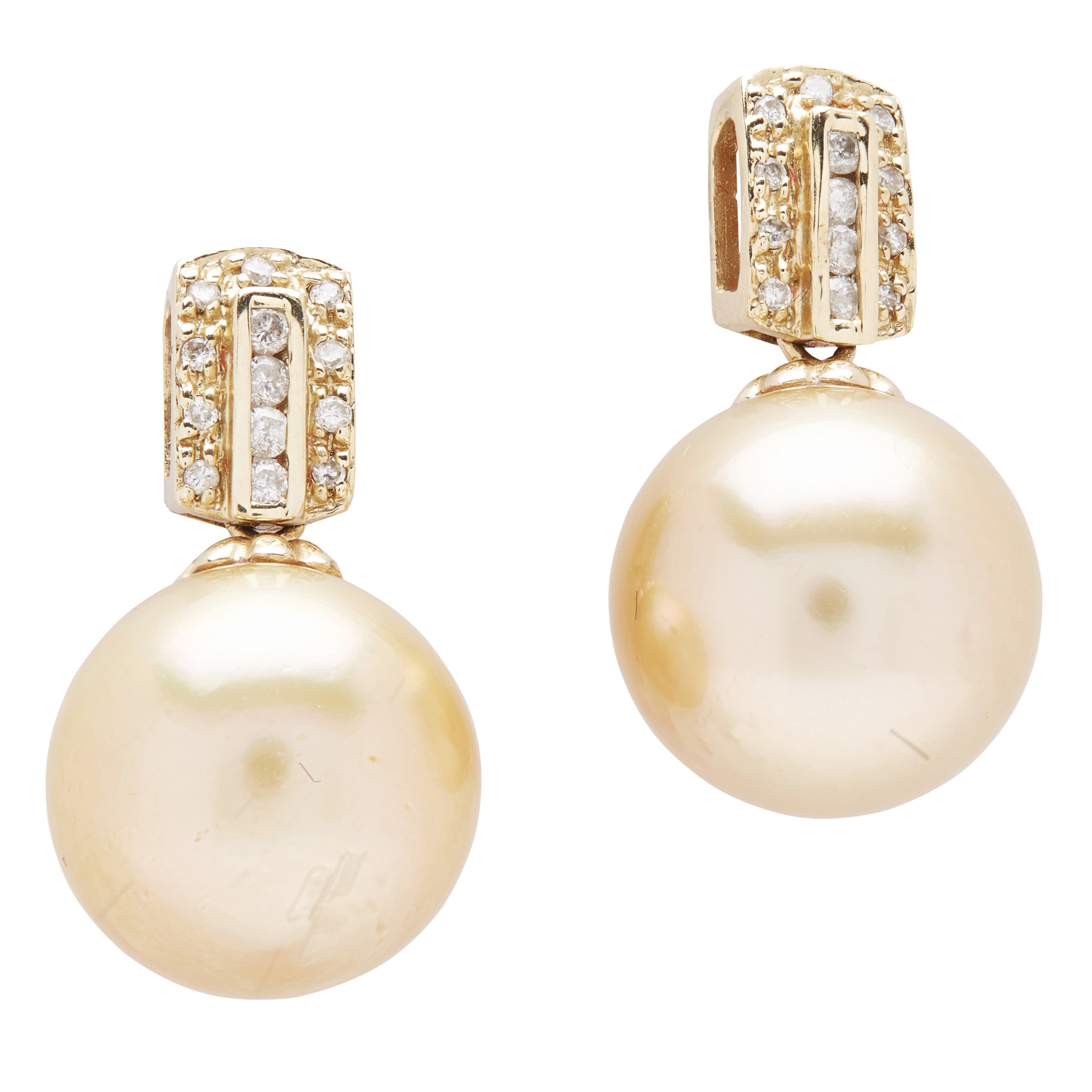 A pair of cultured pearl and diamond earrings