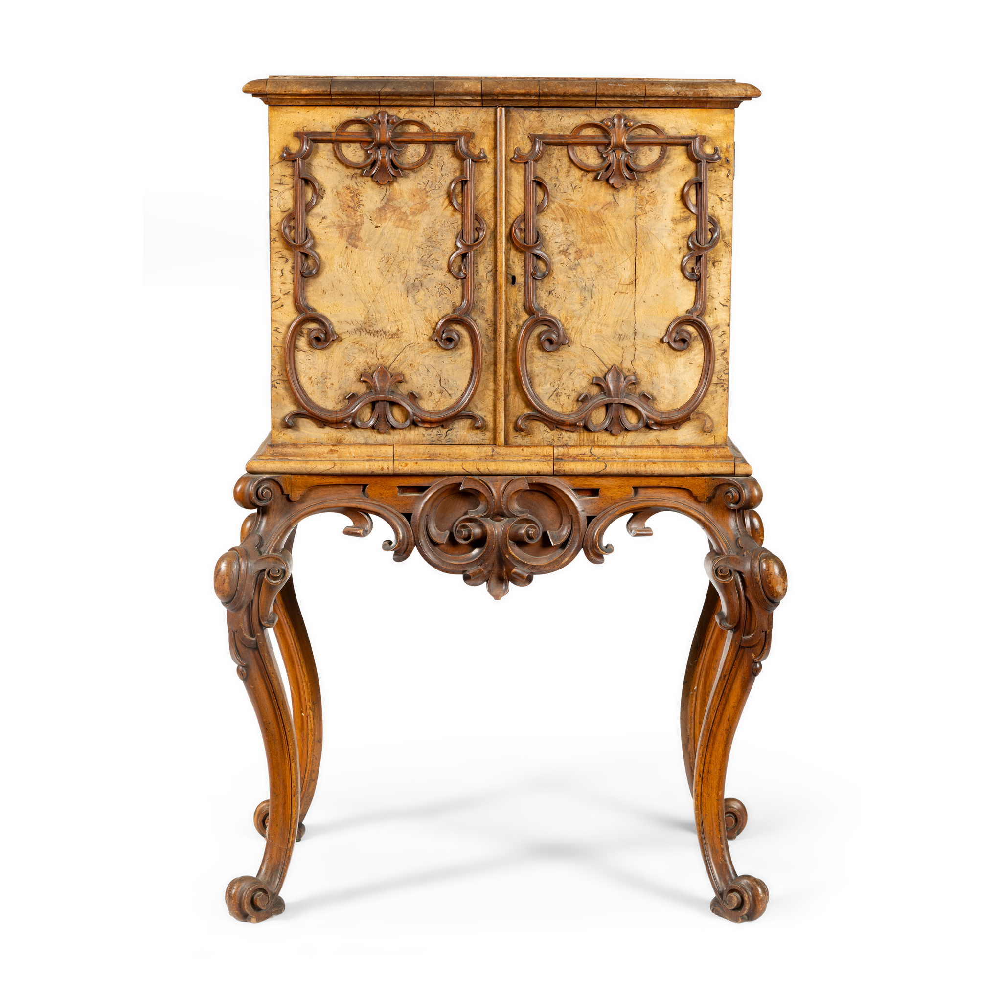 A FRENCH WALNUT CABINET ON STAND