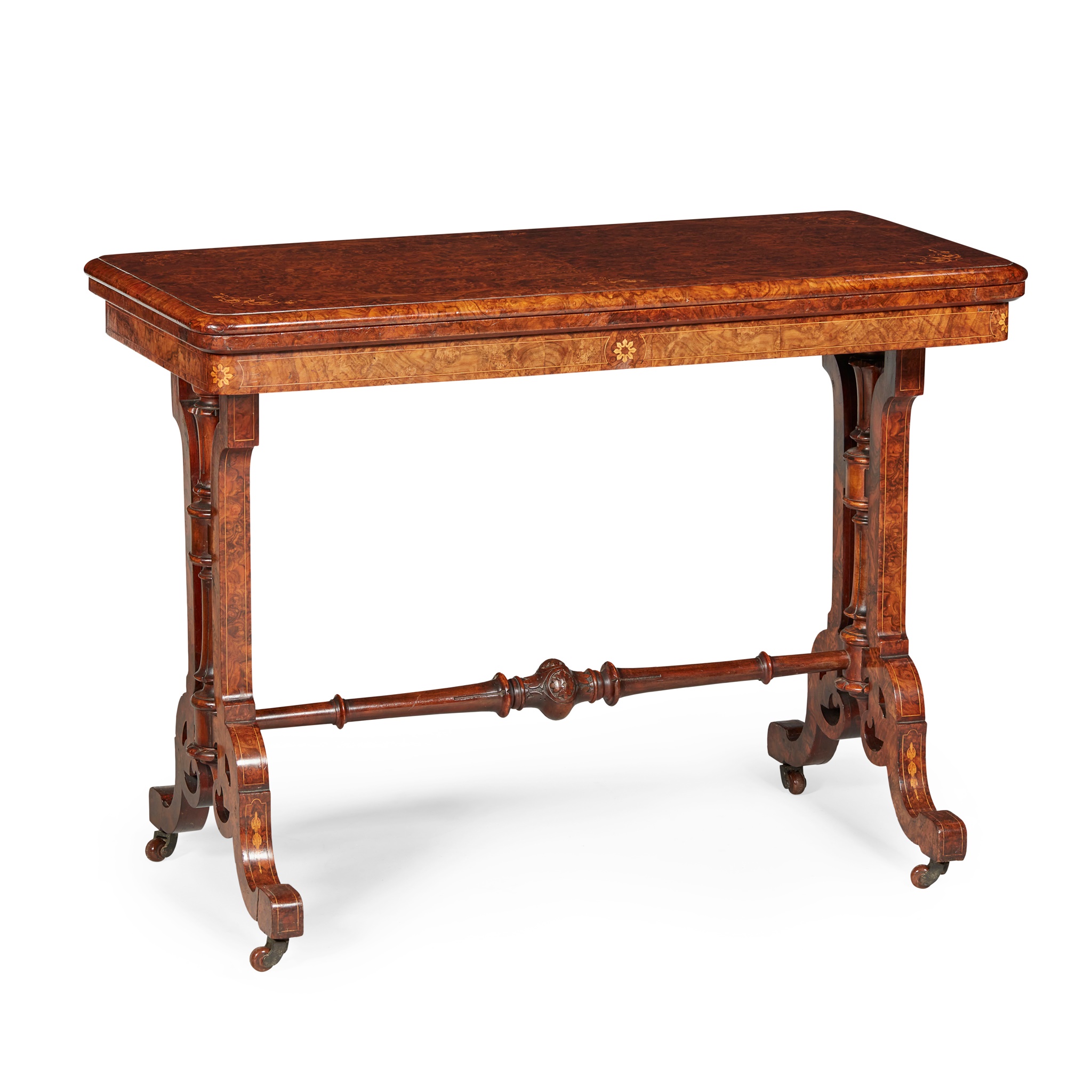 VICTORIAN BURR WALNUT AND INLAID CARD TABLE