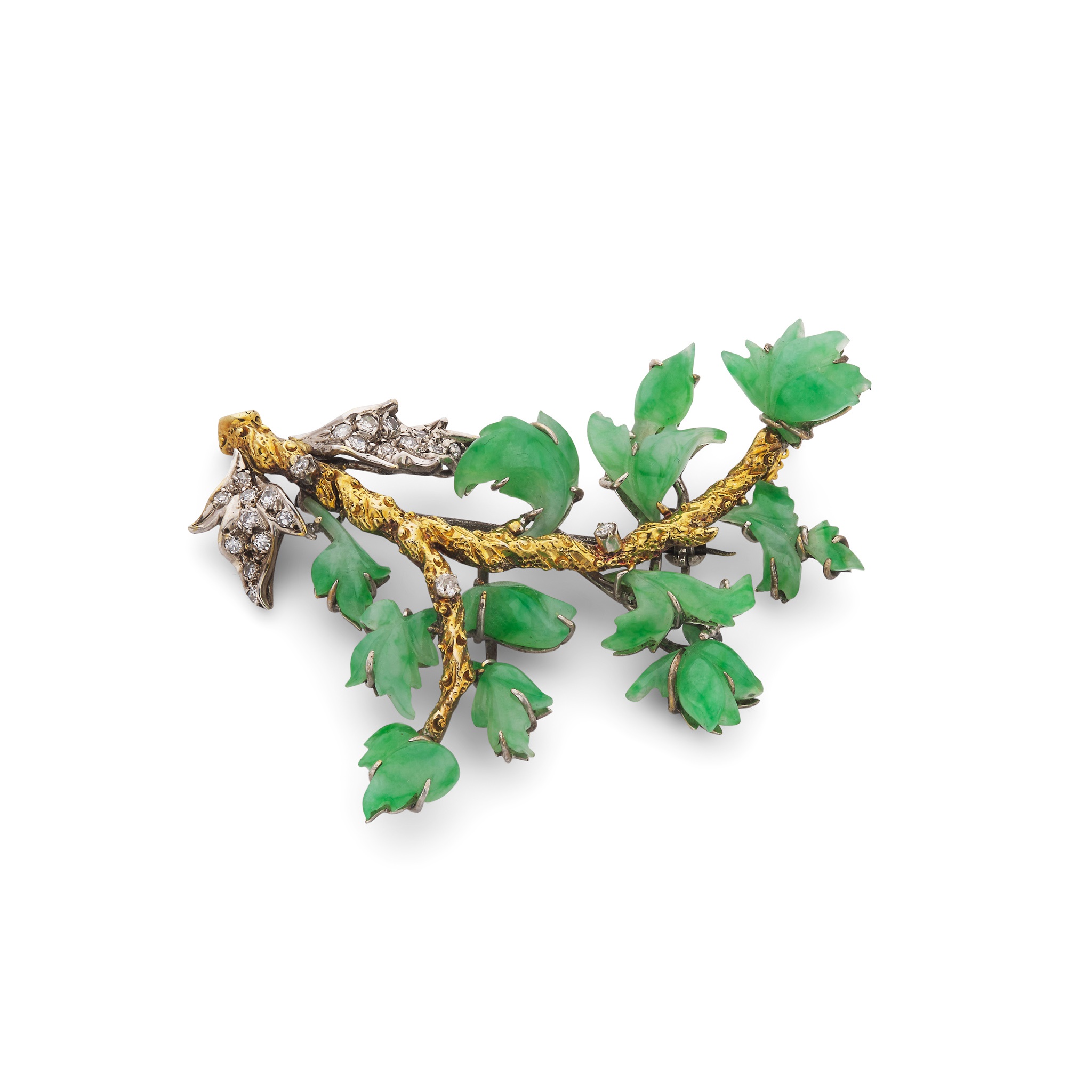 A jade and diamond spray brooch