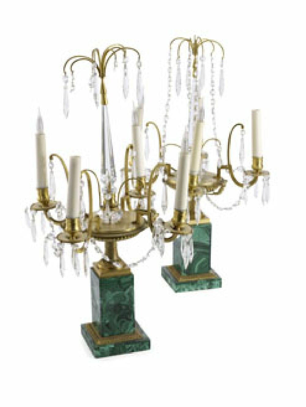 A pair of Regency style malachite and gilt metal four-light table candelabra