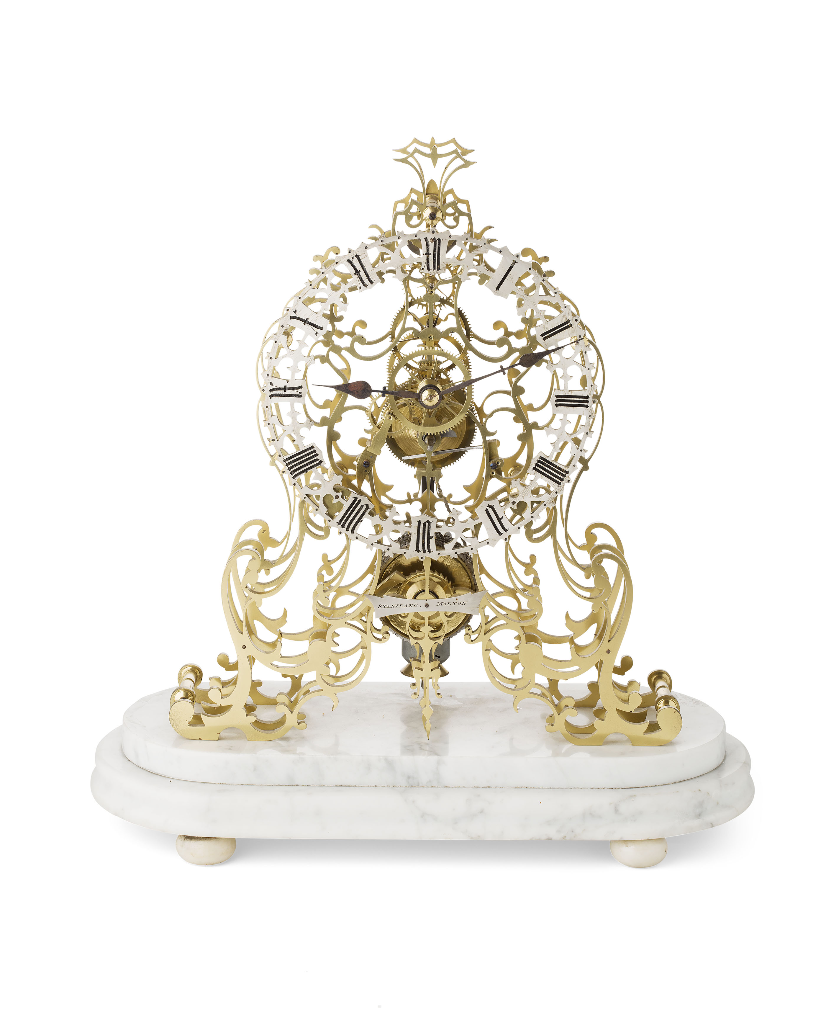 VICTORIAN BRASS SKELETON TIMEPIECE 'THE ARABESQUE' BY EVANS OF HANDSWORTH