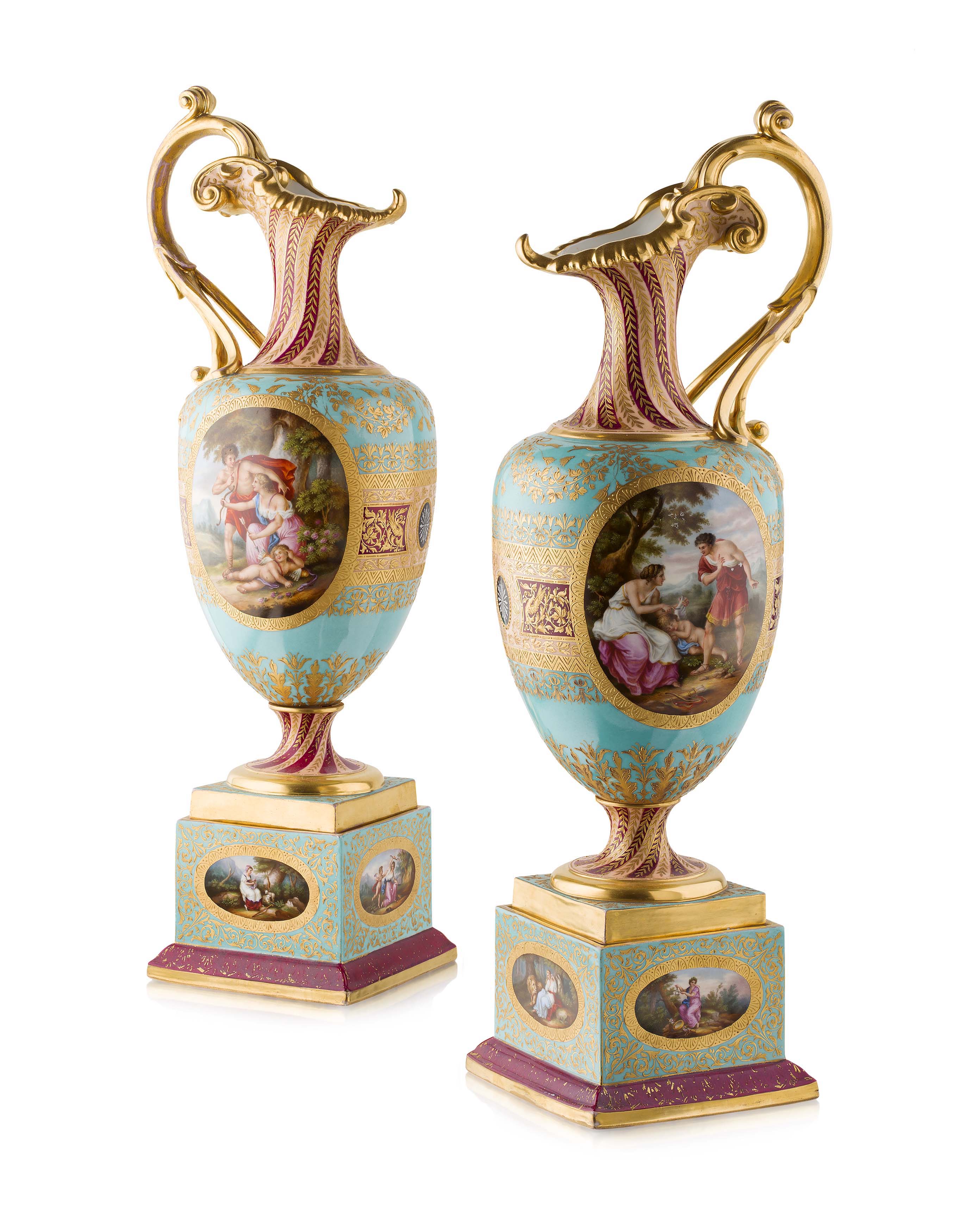 PAIR OF VIENNA PORCELAIN EWERS ON STANDS