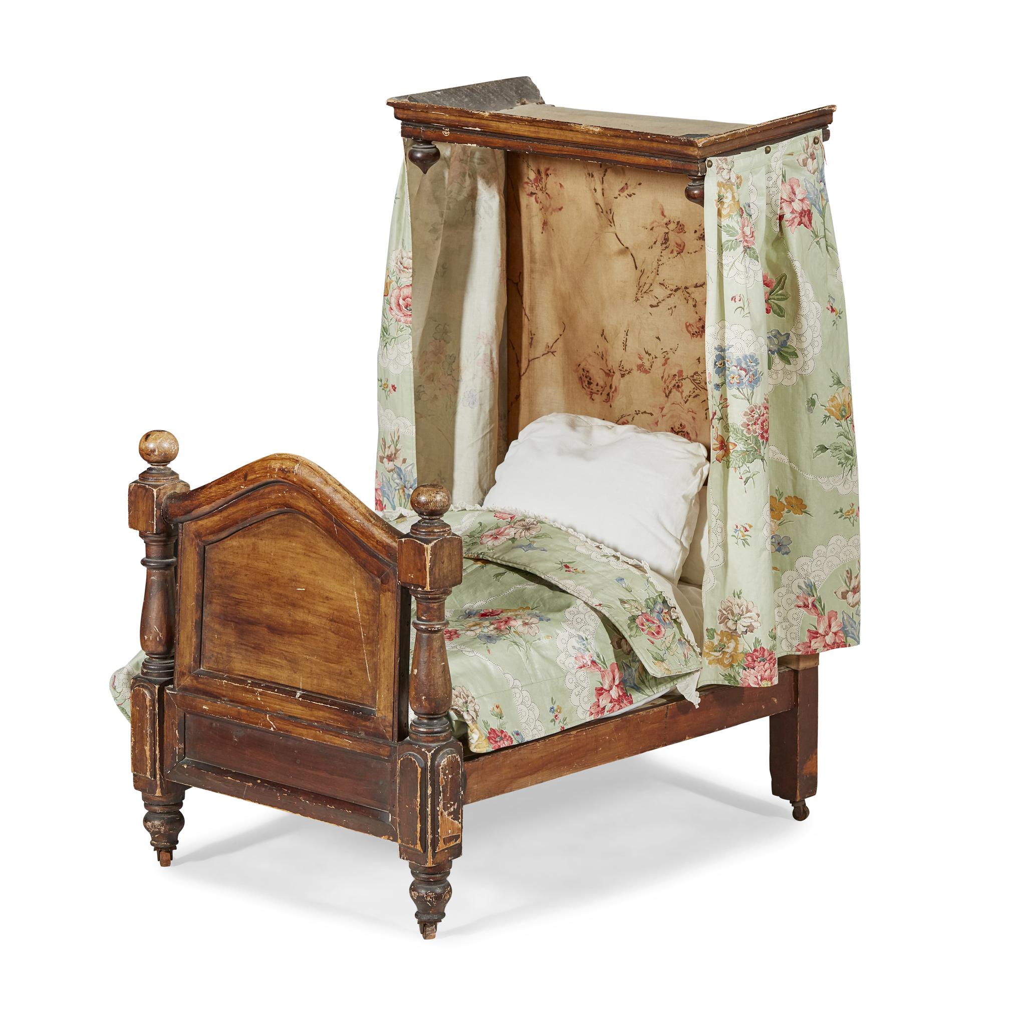VICTORIAN STAINED BEECH DOLL'S HALF TESTER BED