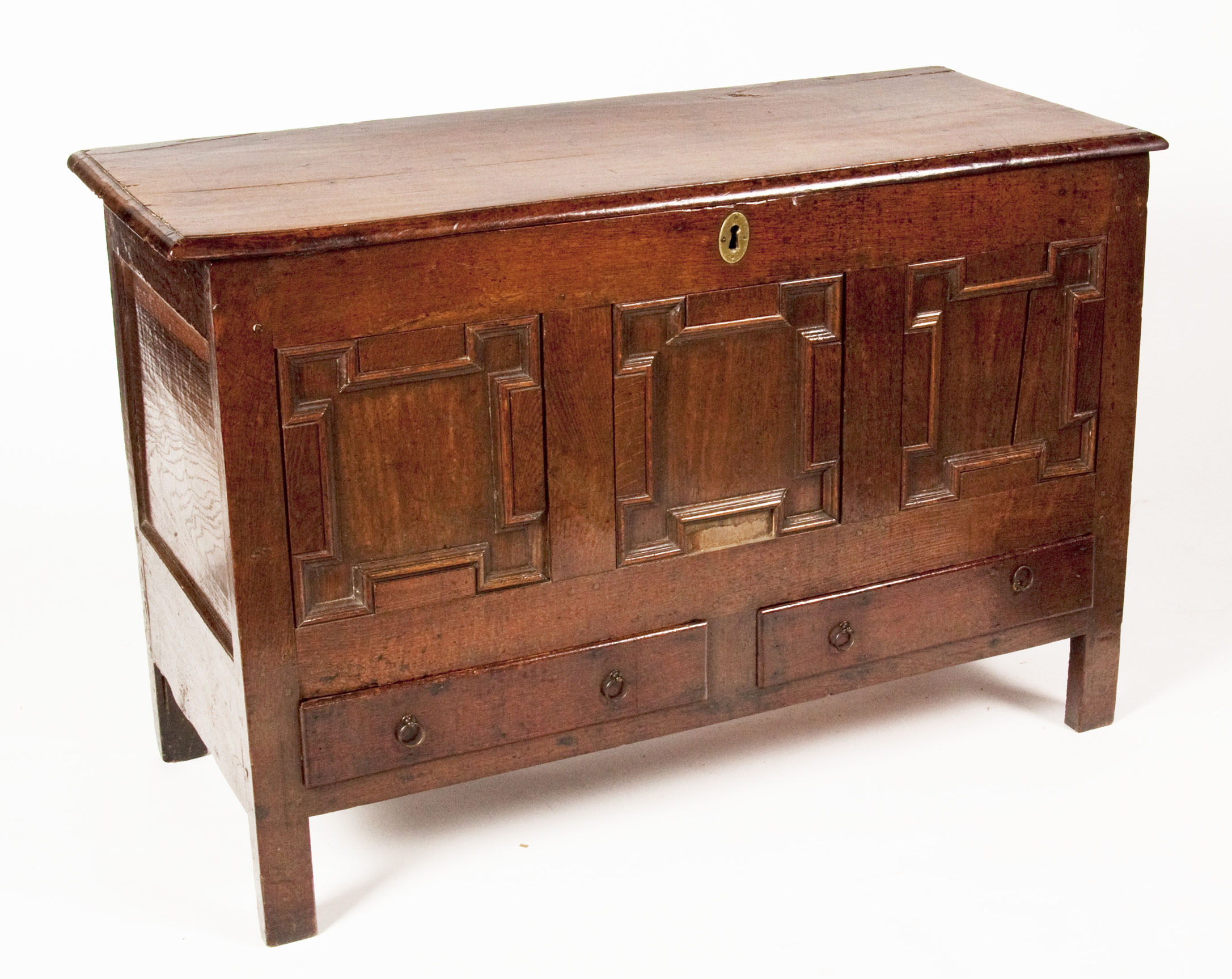 A 17th century oak panelled coffer