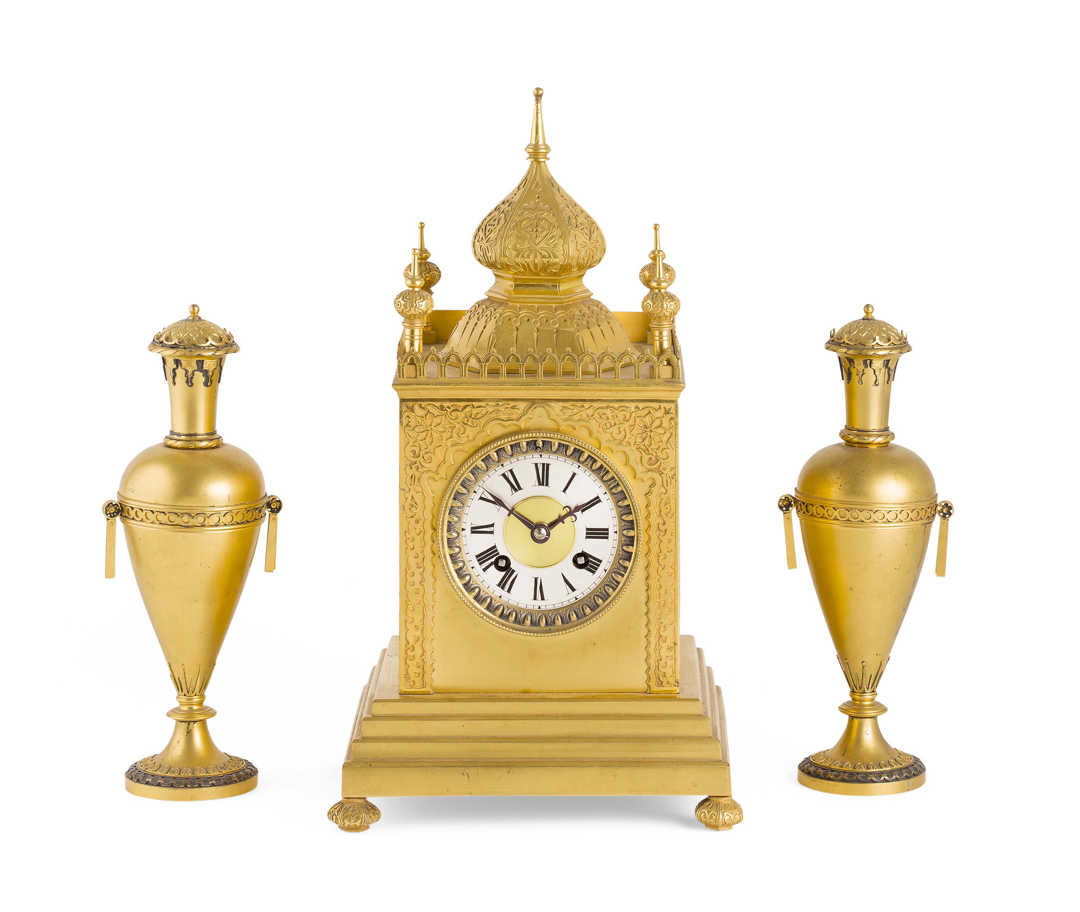 VICTORIAN ISLAMIC STYLE GILT BRONZE CLOCK GARNITURE