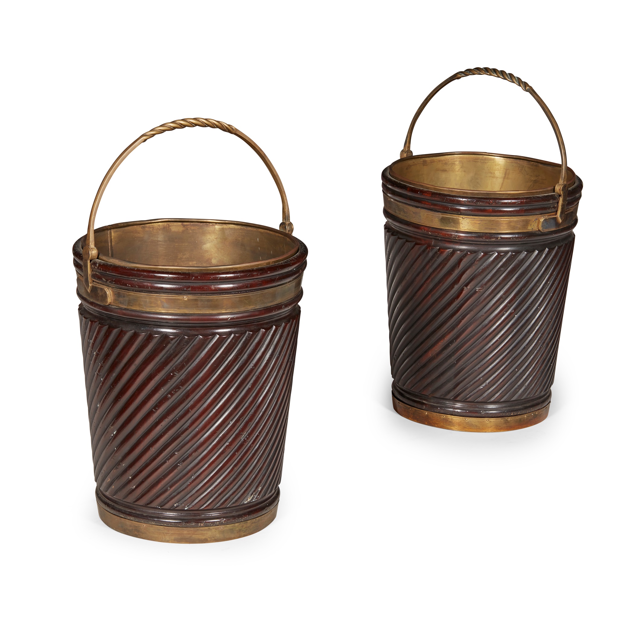 PAIR OF GEORGIAN STYLE MAHOGANY AND BRASS PEAT BUCKETS