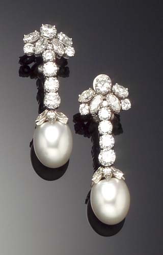 A pair of diamond and cultured pearl pendant earrings,