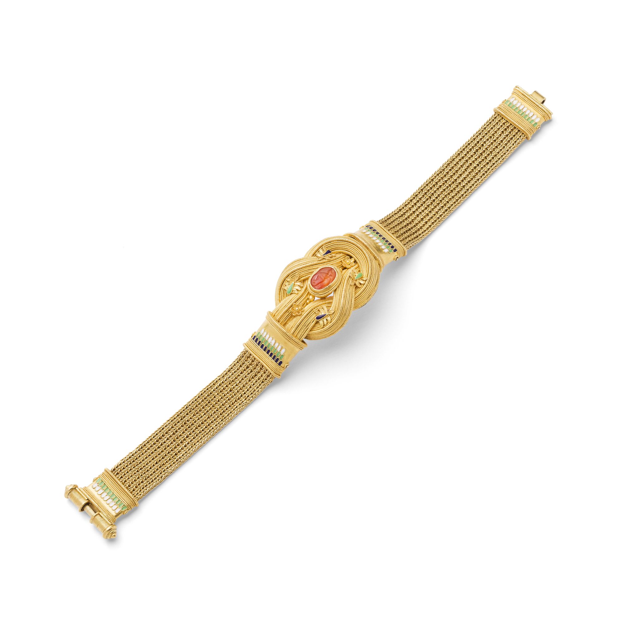 An Archaeological Revival carnelian and enamel bracelet, by Giacinto Melillo, circa 1880