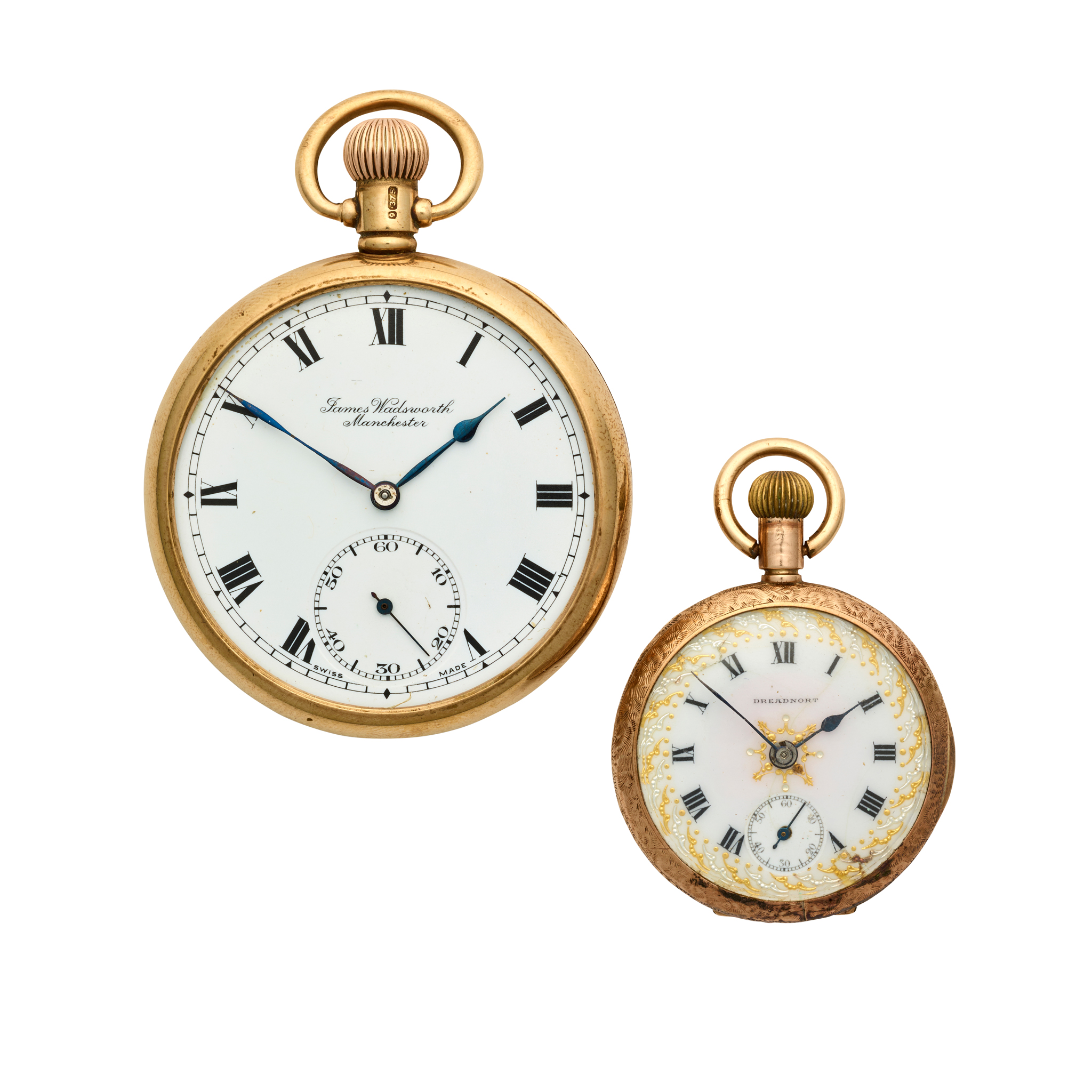 James Wadsworth & Dreadnort. Two 9k gold pocket watches.