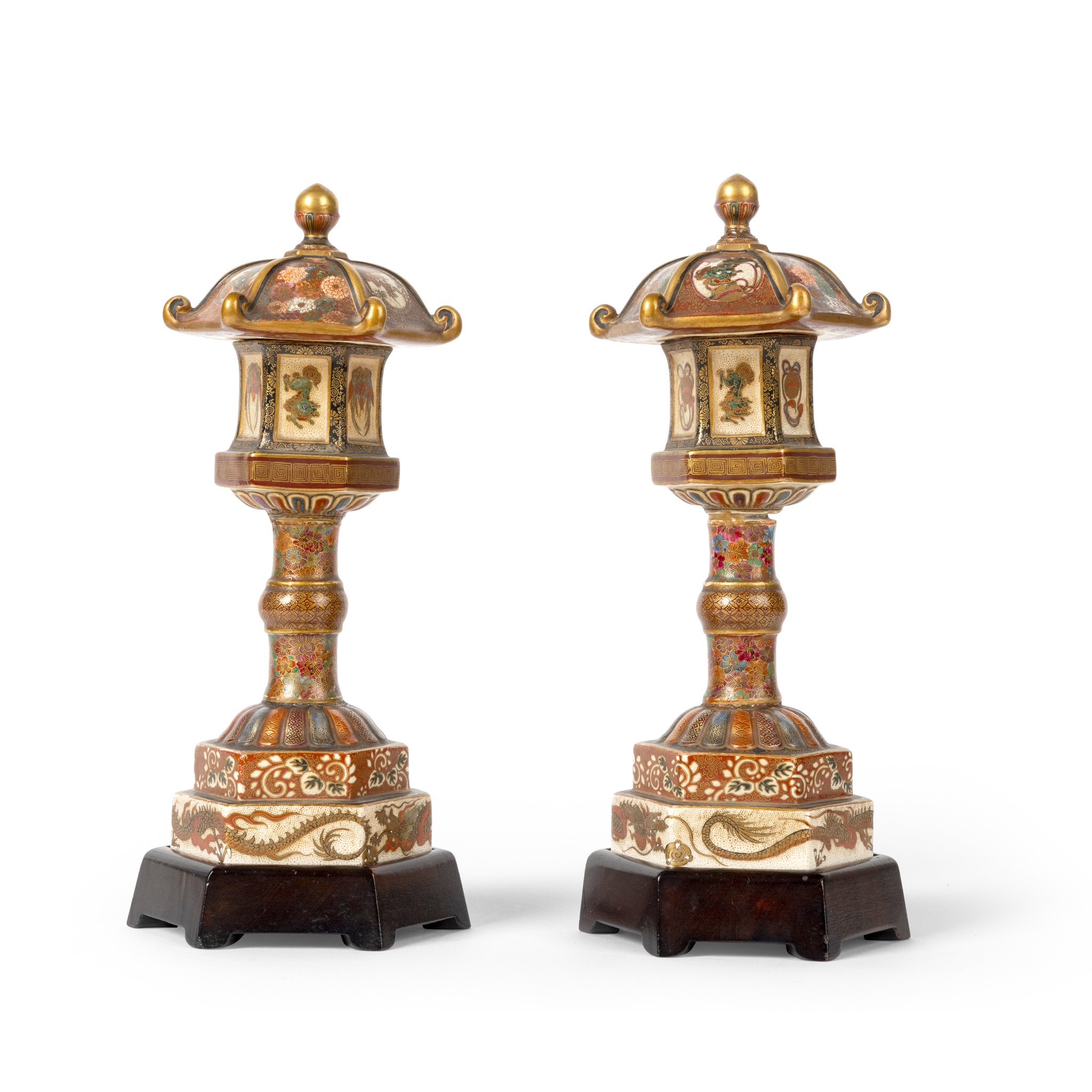 PAIR OF SATSUMA PAGODA-FORM LANTERNS