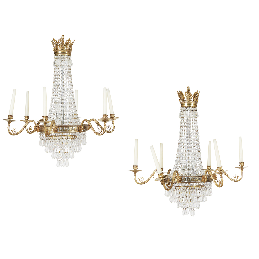 PAIR OF FRENCH EMPIRE STYLE GILT METAL AND CUT GLASS CHANDELIERS