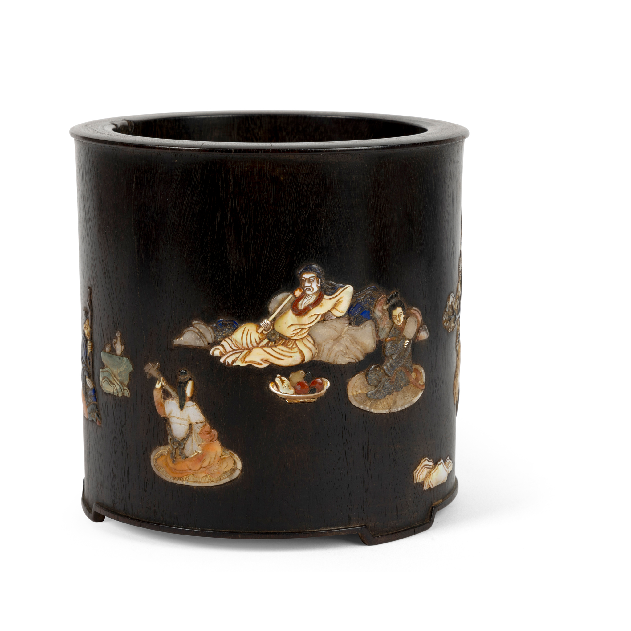 CHINESE MOTHER-OF-PEARL AND HARDSTONE INLAID ZITAN BRUSH POT
