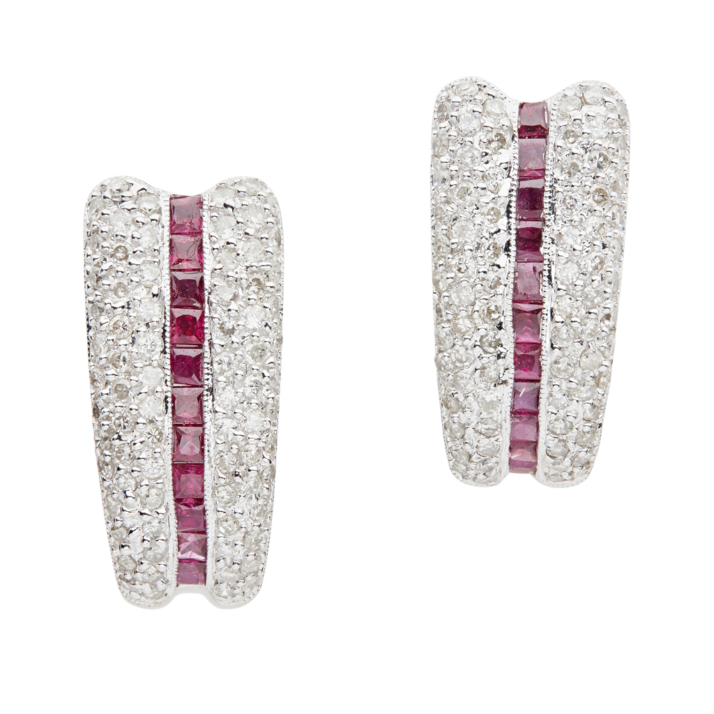 A pair of modern ruby and diamond set earrings