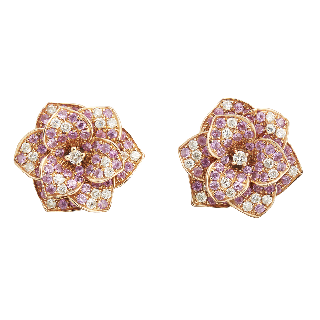A pair of pink sapphire and diamond earrings