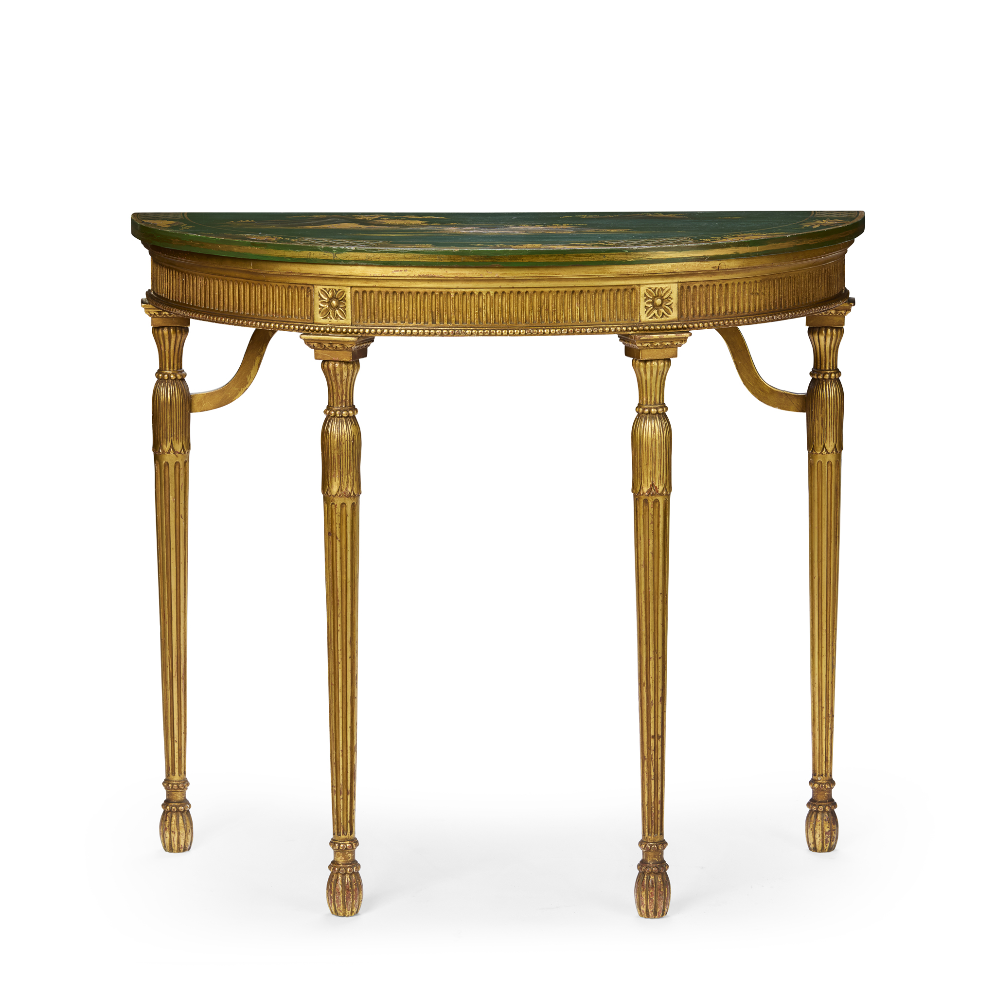 GEORGE III STYLE GILTWOOD AND GREEN JAPANNED SIDE TABLE