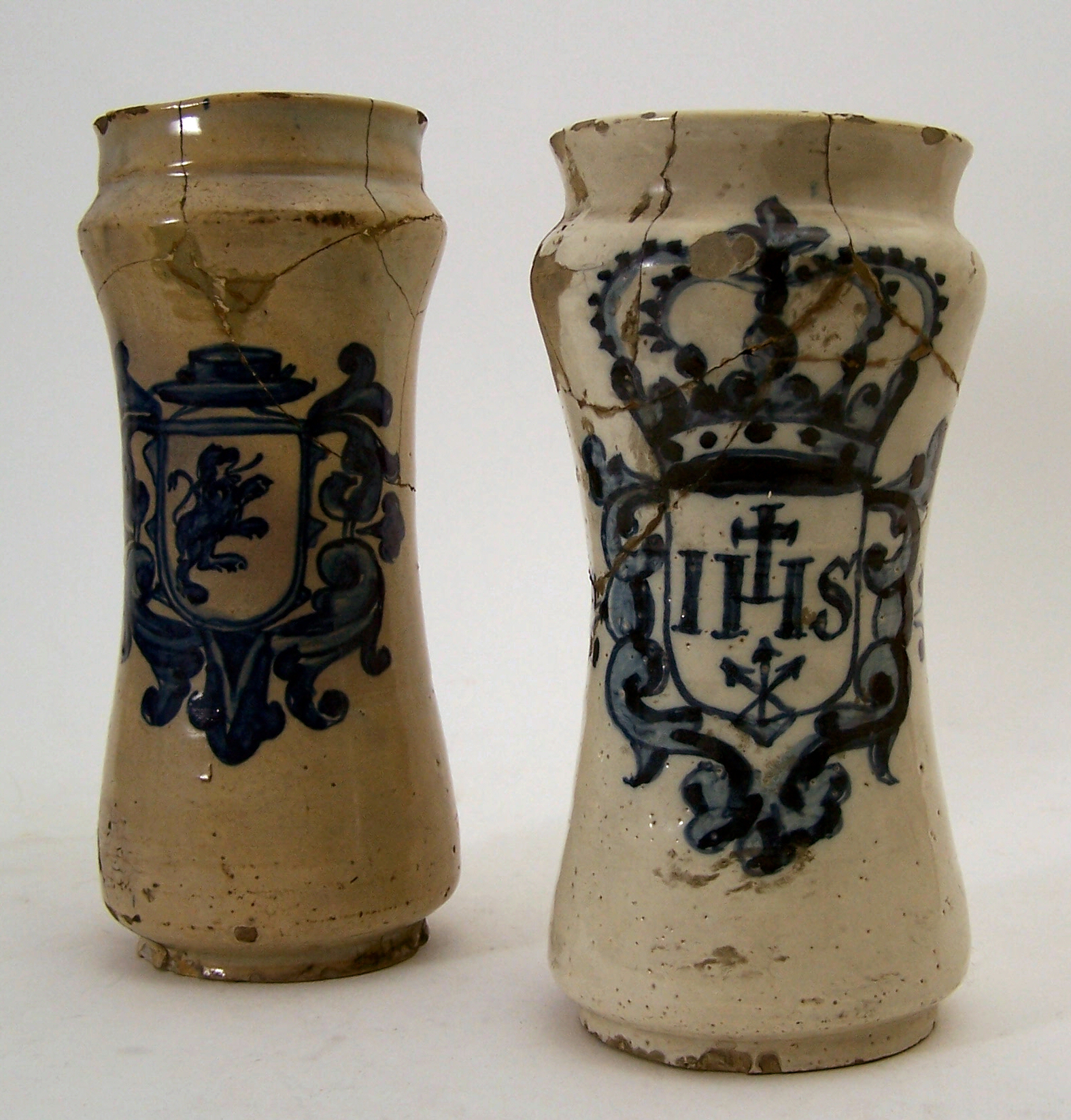 A matched pair of 18th century Spanish maiolica albarelli,