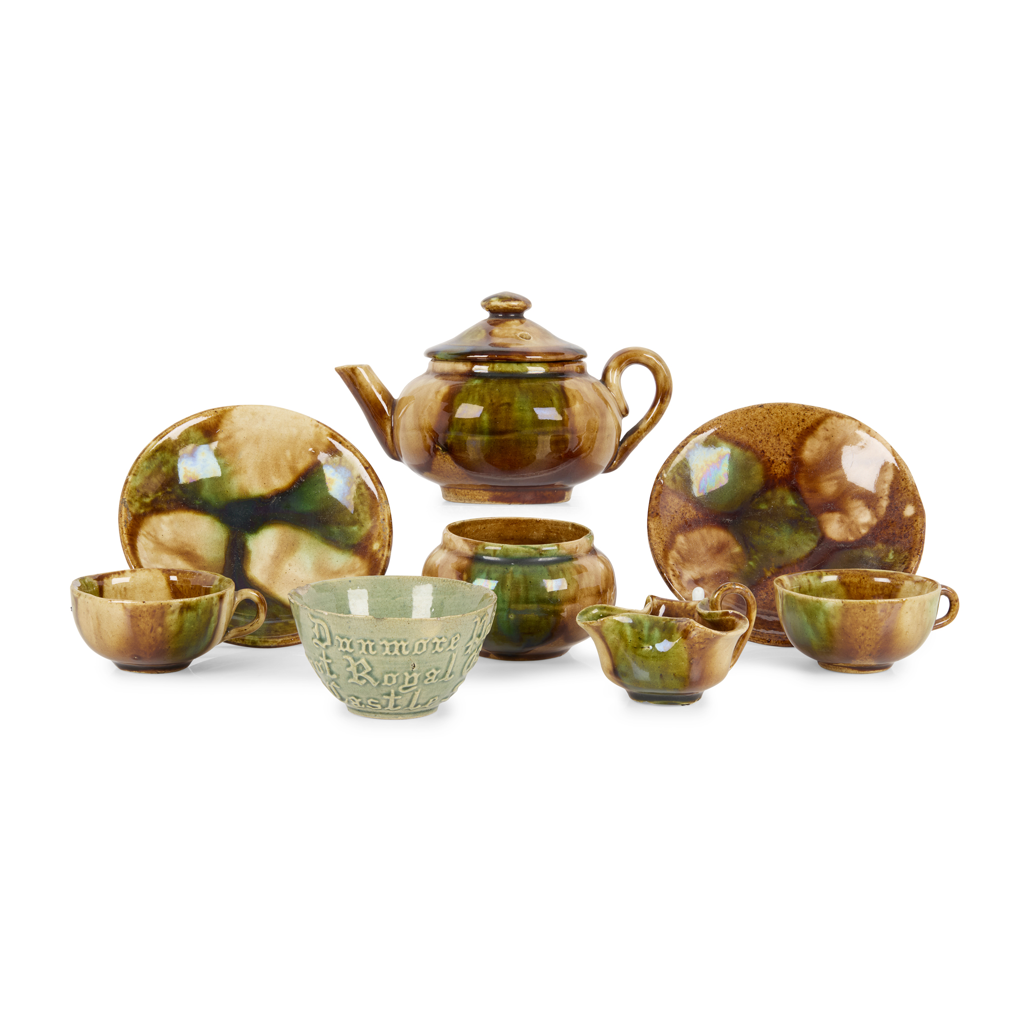 MINIATURE DUNMORE POTTERY TEA SET FOR TWO AND A RARE DUNMORE ADVERTISING TEABOWL